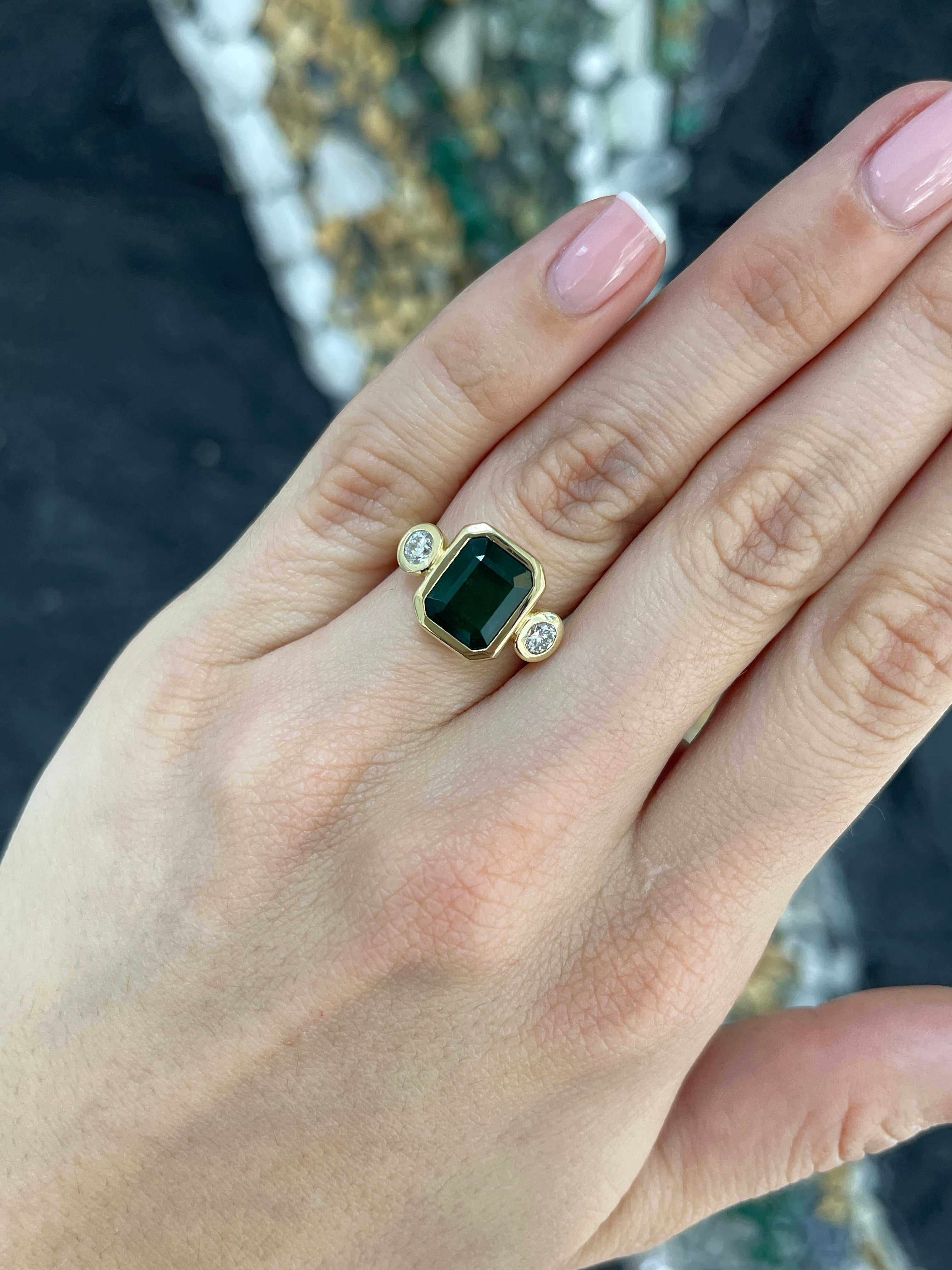 4.58tcw Bezel Set Natural Dark Emerald & Round Diamond 18K Three Stone Ring - JR Colombian Emeralds