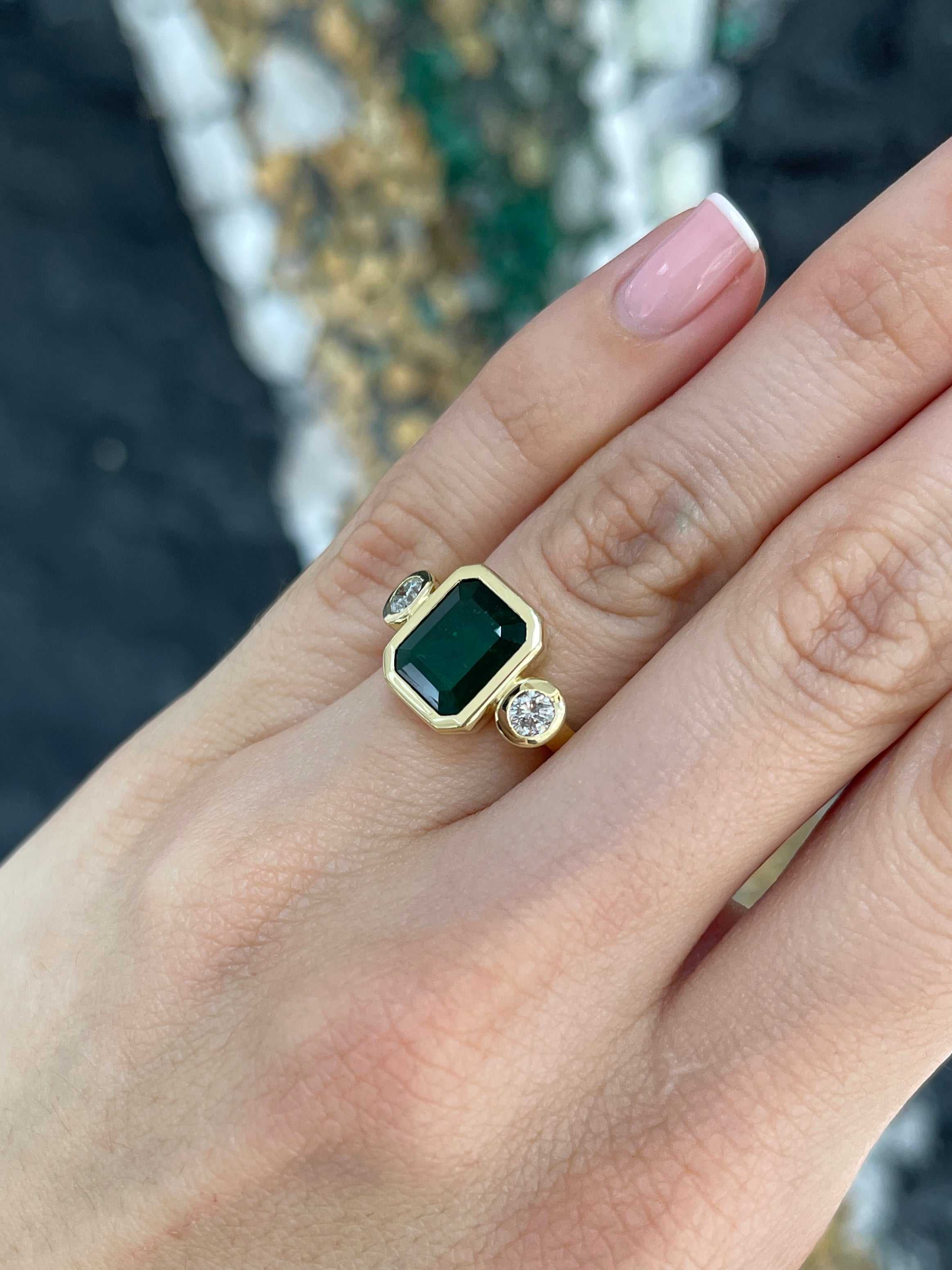 4.58tcw Bezel Set Natural Dark Emerald & Round Diamond 18K Three Stone Ring - JR Colombian Emeralds