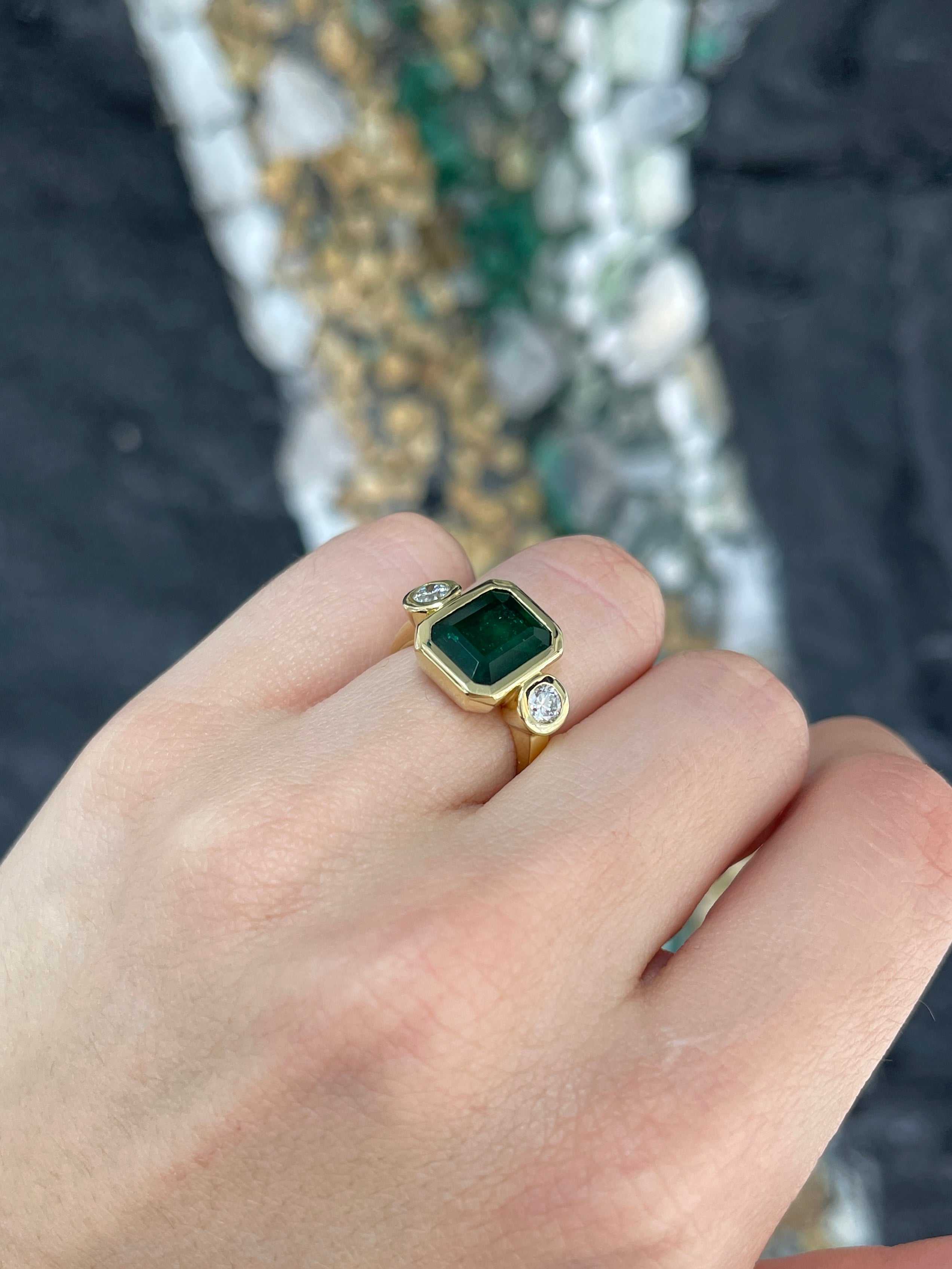 4.58tcw Bezel Set Natural Dark Emerald & Round Diamond 18K Three Stone Ring - JR Colombian Emeralds