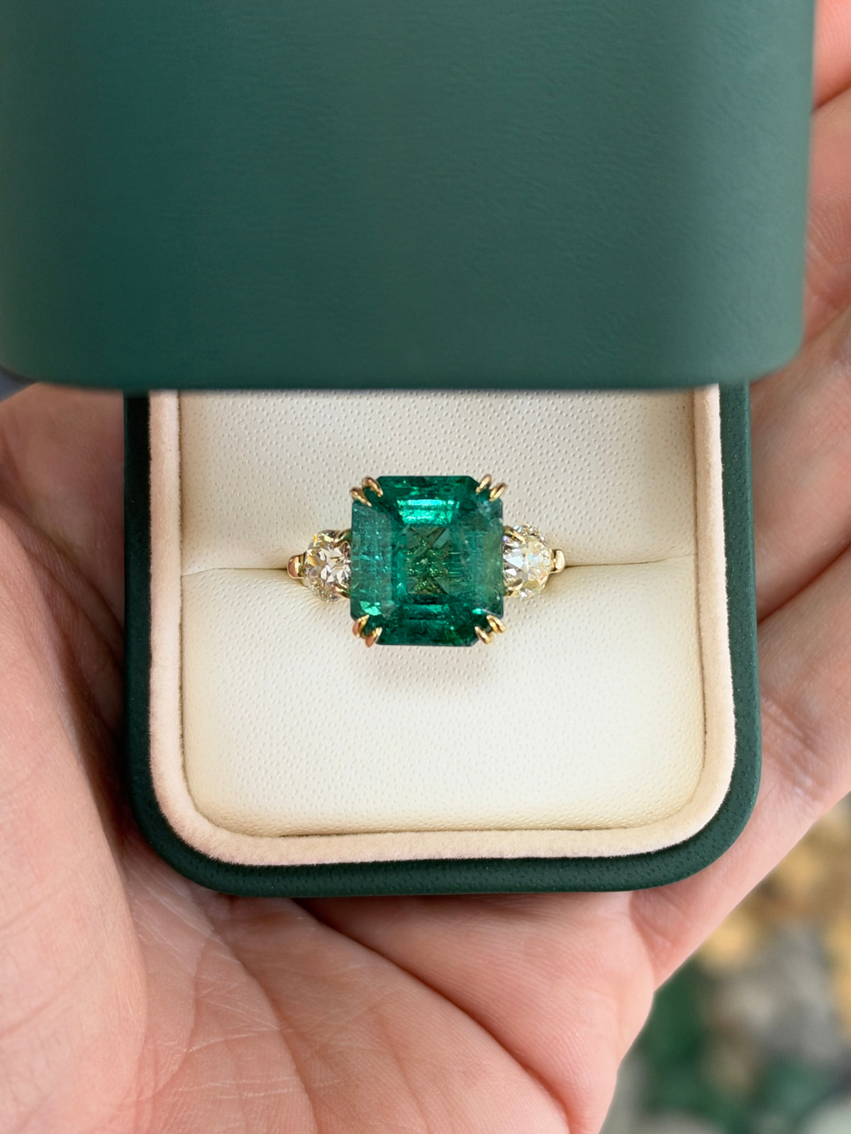 9.98tcw 18K Large Asscher Cut Emerald & Old European Cut Diamond Three Stone Ring