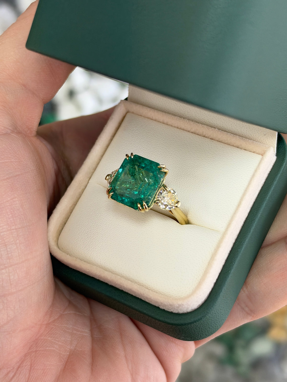9.98tcw 18K Large Asscher Cut Emerald & Old European Cut Diamond Three Stone Ring