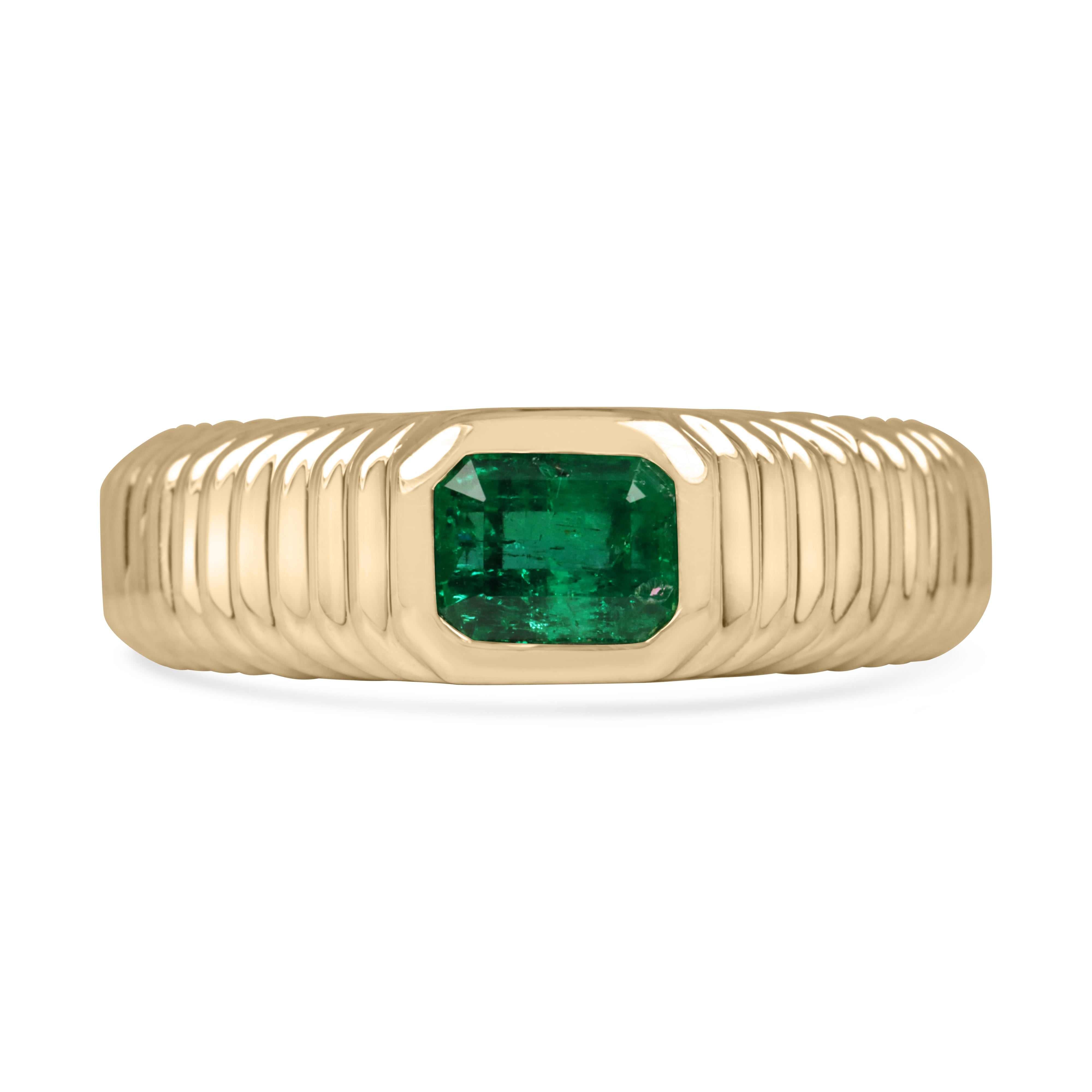 Colombian emerald men's ring with 0.81 carat emerald cut stone set in ribbed 18K yellow gold bezel band, size 9