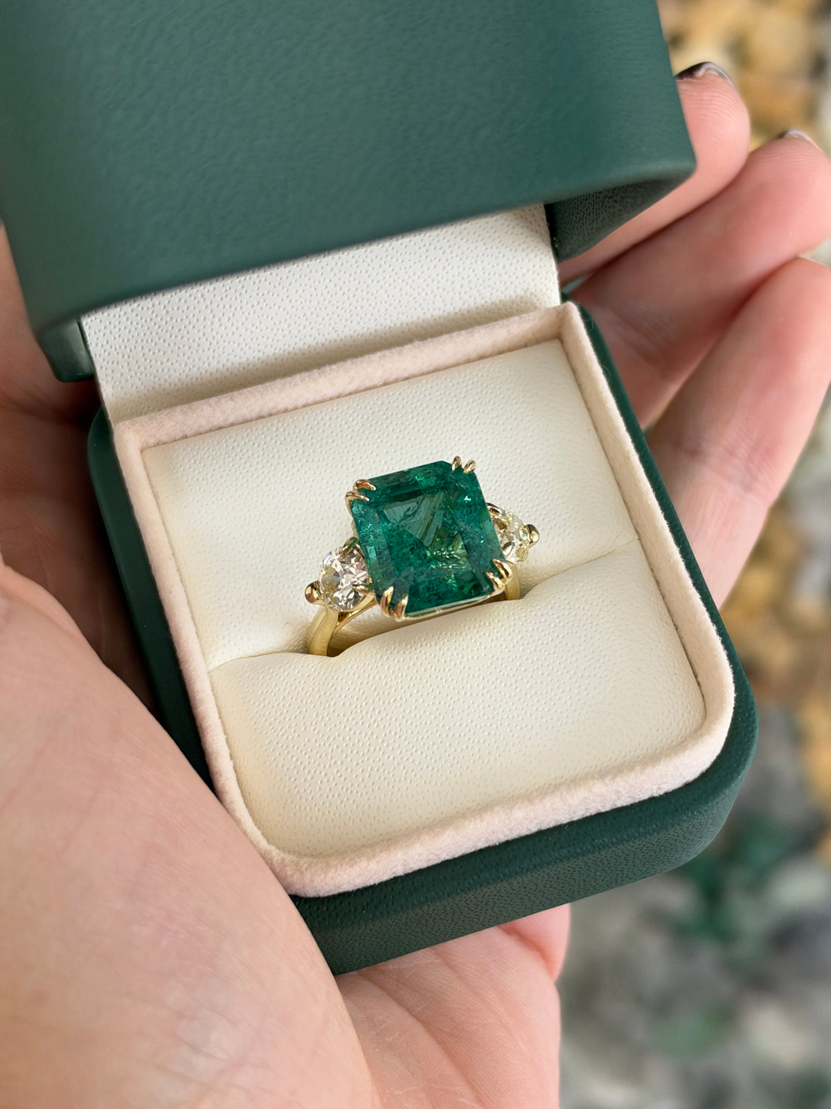 9.98tcw 18K Large Asscher Cut Emerald & Old European Cut Diamond Three Stone Ring