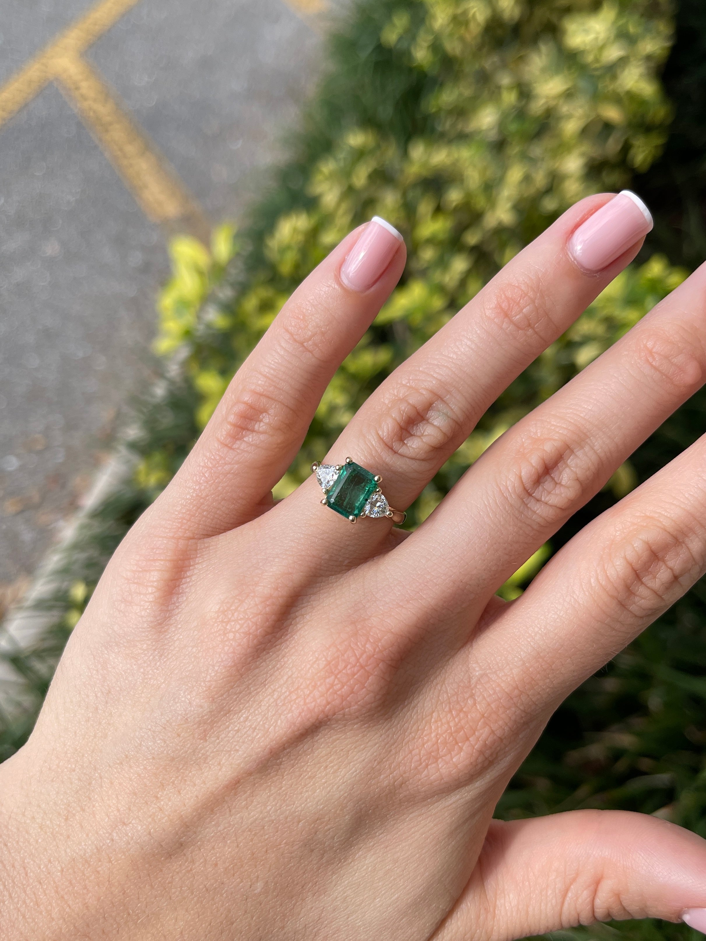 3.15tcw Natural Emerald & Lab Trillion Cut Diamond 14K Three Stone Ring - JR Colombian Emeralds