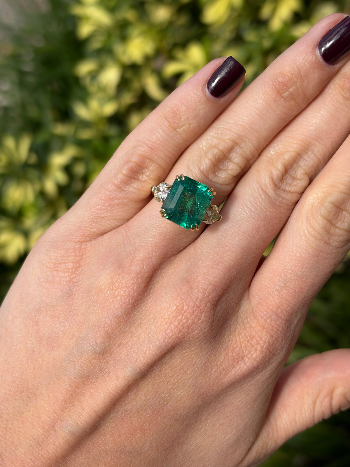 9.98tcw 18K Large Asscher Cut Emerald & Old European Cut Diamond Three Stone Ring