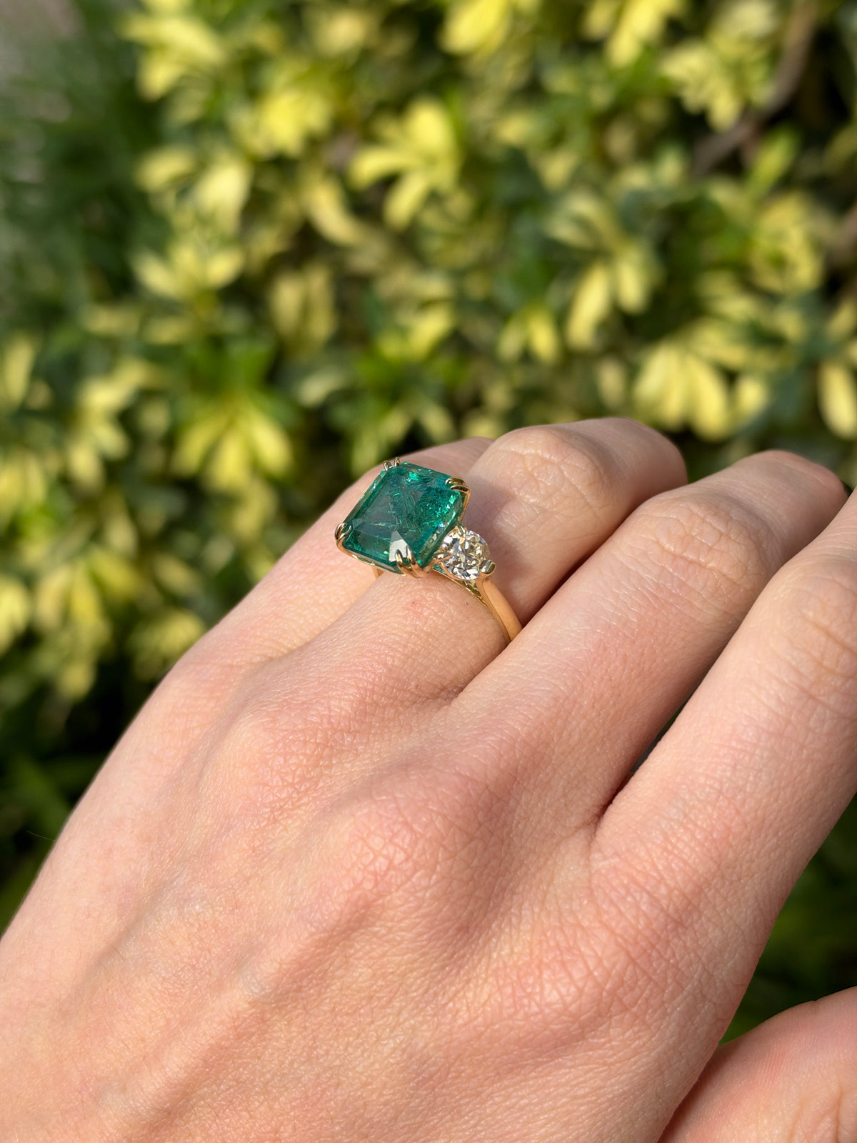 9.98tcw 18K Large Asscher Cut Emerald & Old European Cut Diamond Three Stone Ring