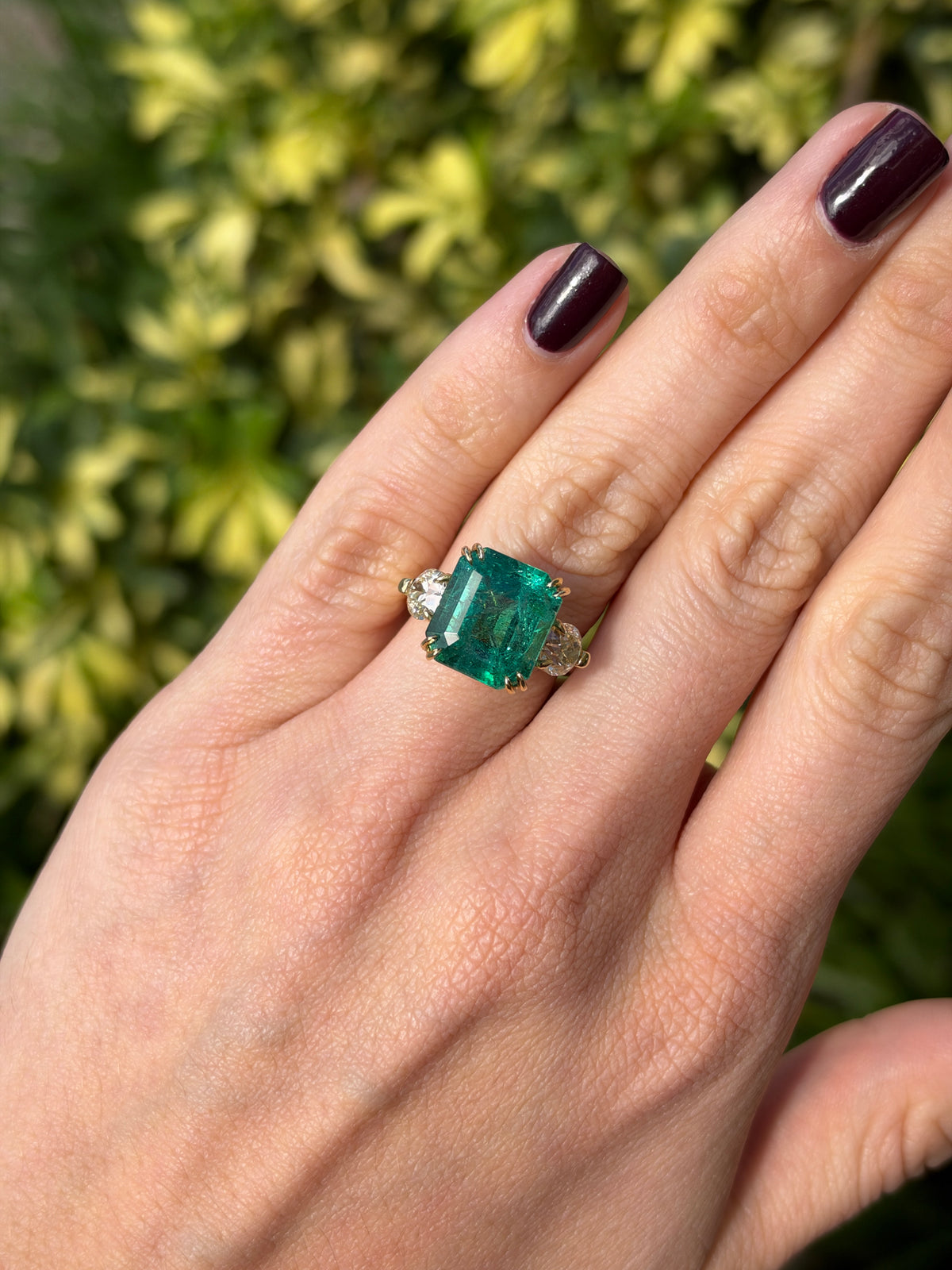 9.98tcw 18K Large Asscher Cut Emerald & Old European Cut Diamond Three Stone Ring