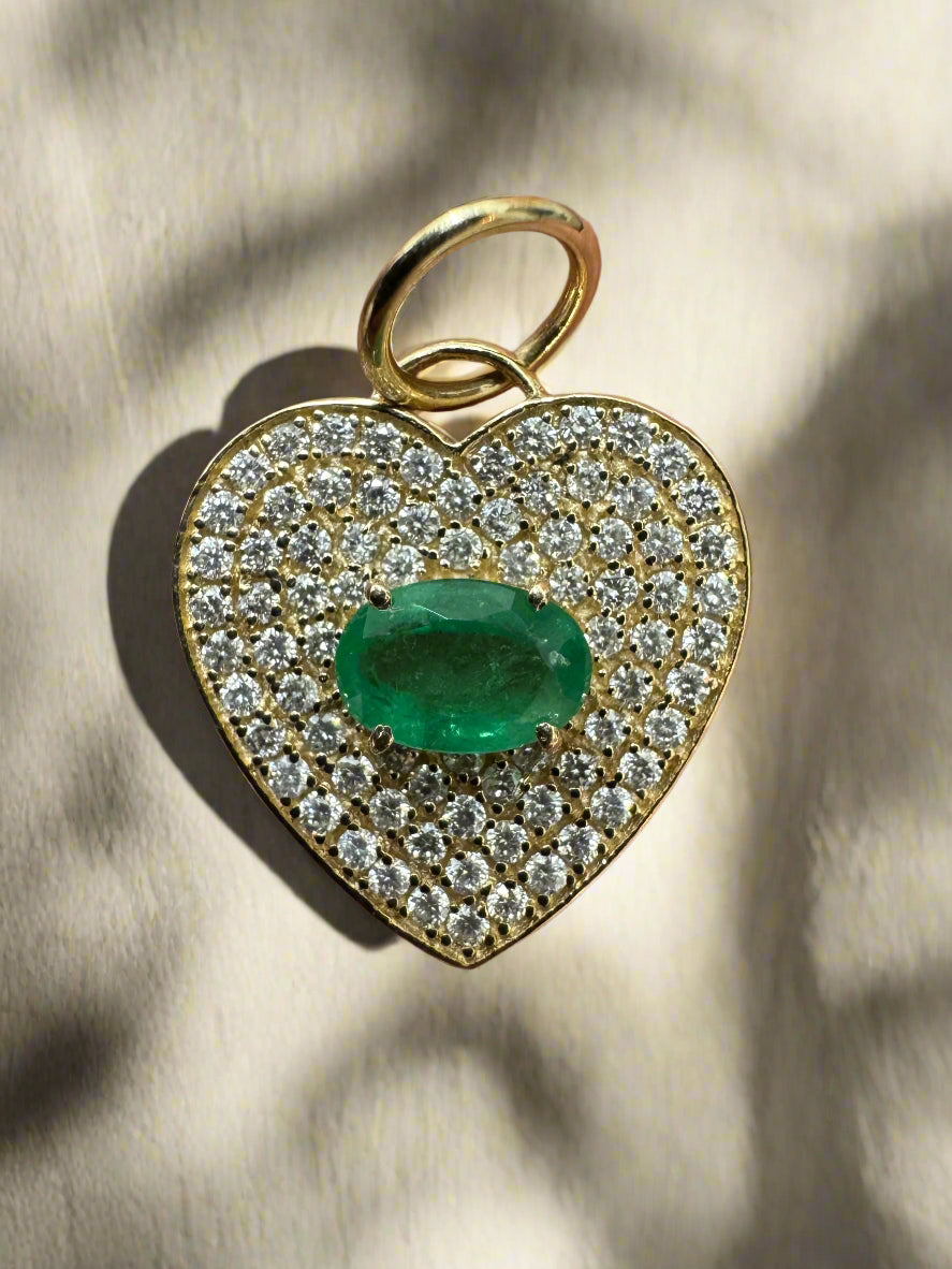 1.0tcw 14K Emerald & Diamond Pave Heart Cluster Pendant Charm