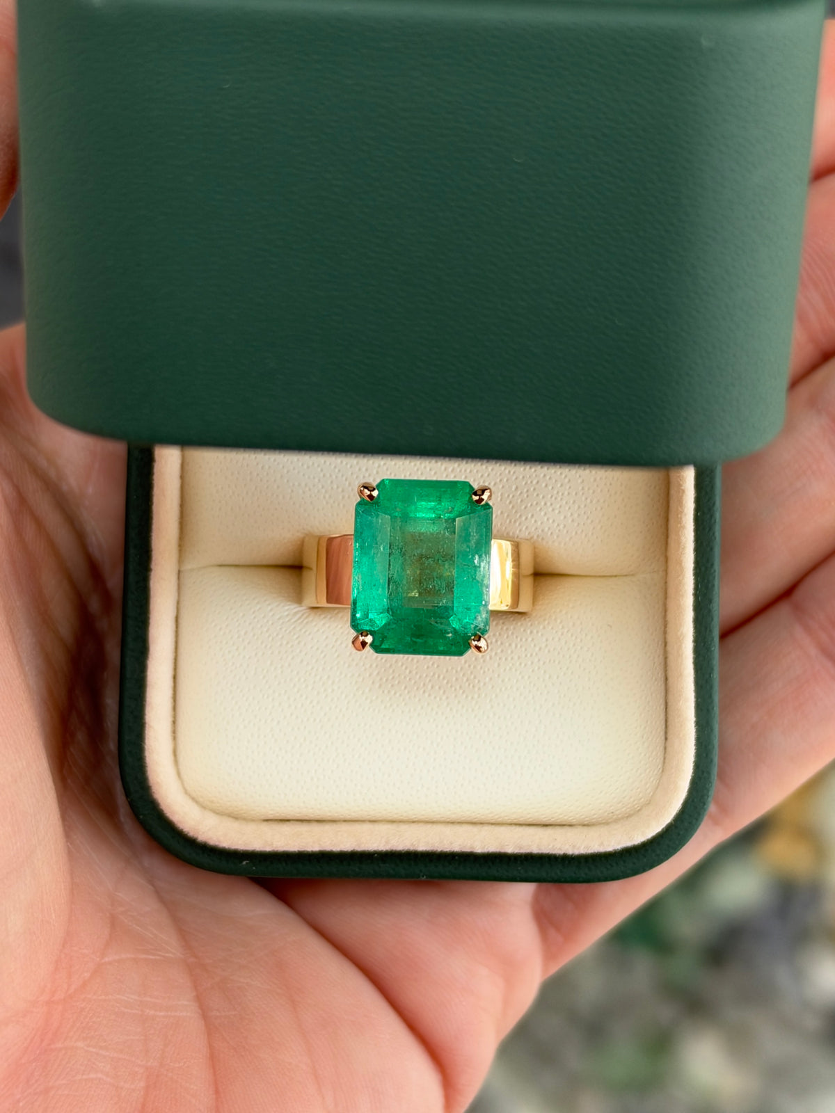 8.66ct 18K Glowing Muzo Emerald Cut Colombian Emerald 6mm Wide Band Solitaire Ring