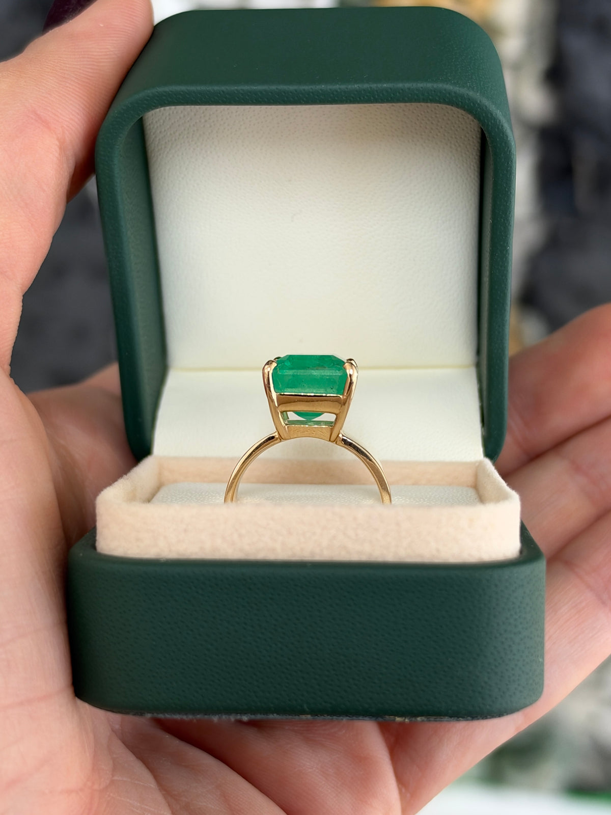 8.66ct 18K Glowing Muzo Emerald Cut Colombian Emerald 6mm Wide Band Solitaire Ring