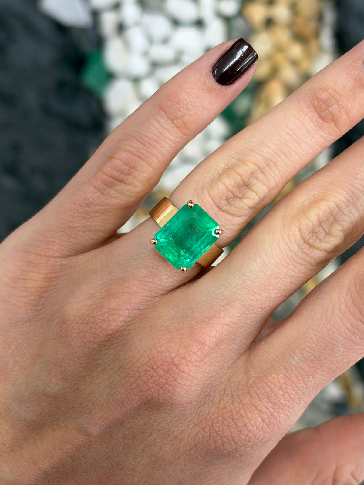 8.66ct 18K Glowing Muzo Emerald Cut Colombian Emerald 6mm Wide Band Solitaire Ring