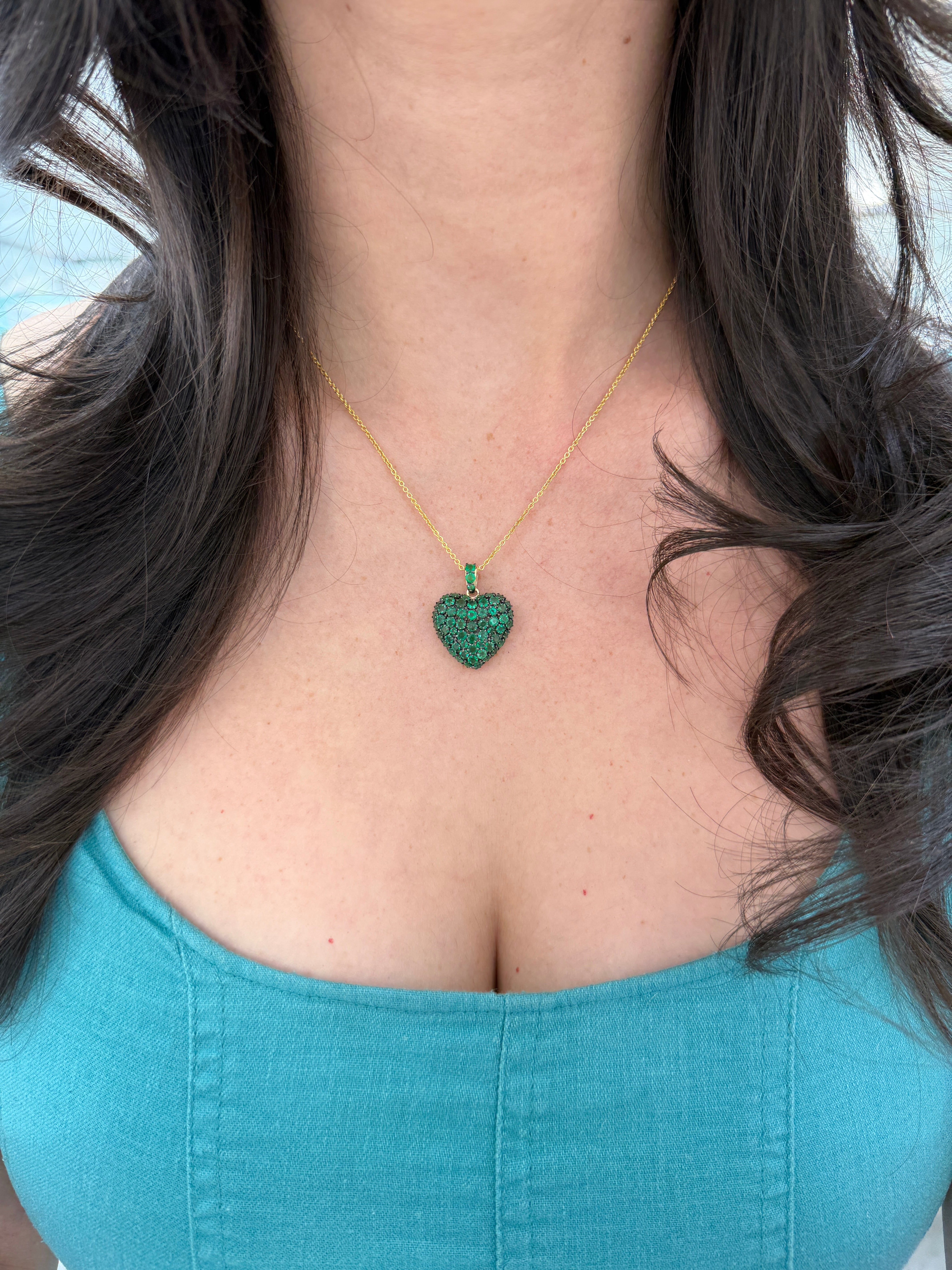 4.73tcw 14K Multi-Prong Emerald Cluster Heart Shaped Charm Pendant with Black Rhodium