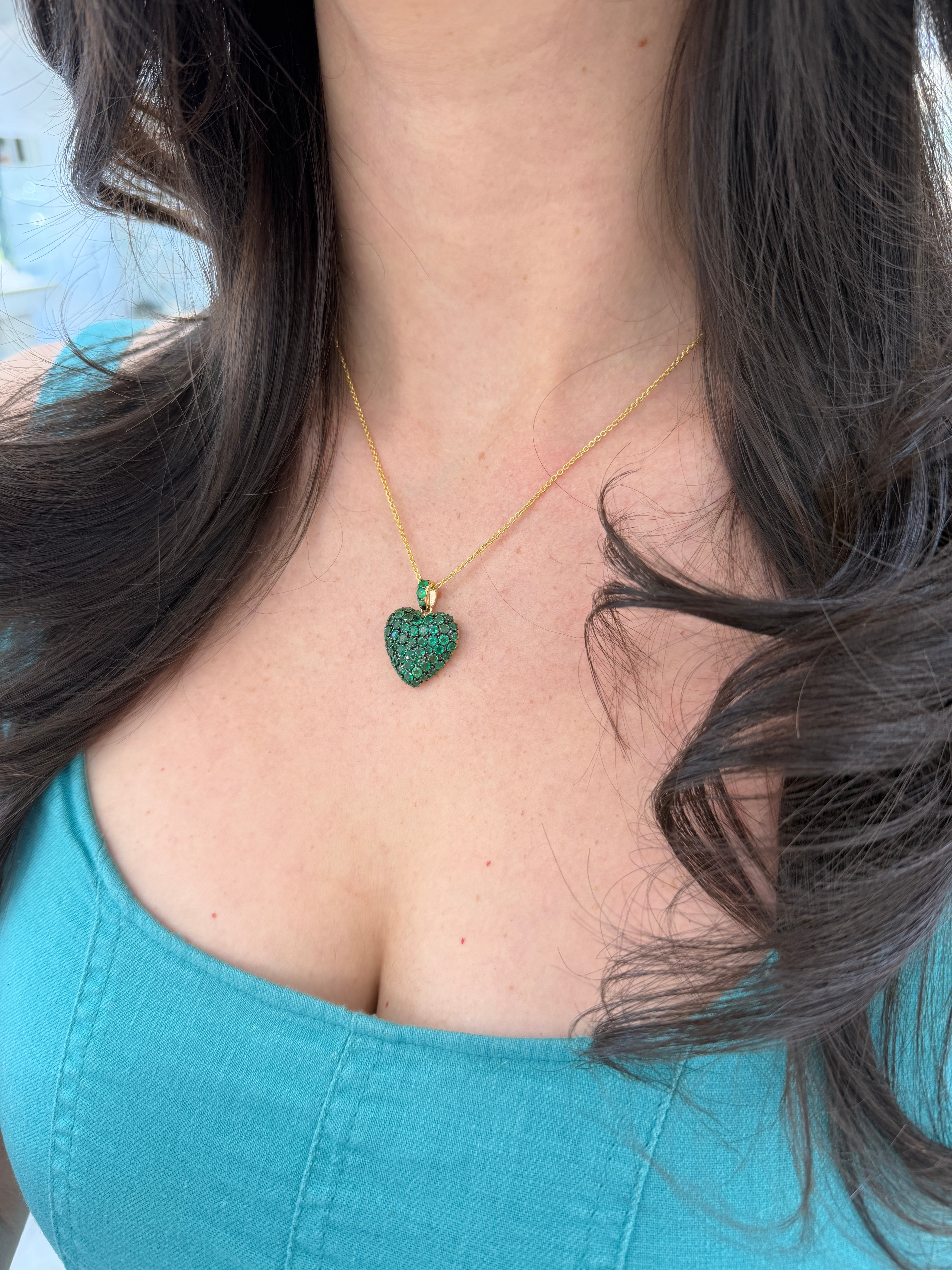 4.73tcw 14K Multi-Prong Emerald Cluster Heart Shaped Charm Pendant with Black Rhodium