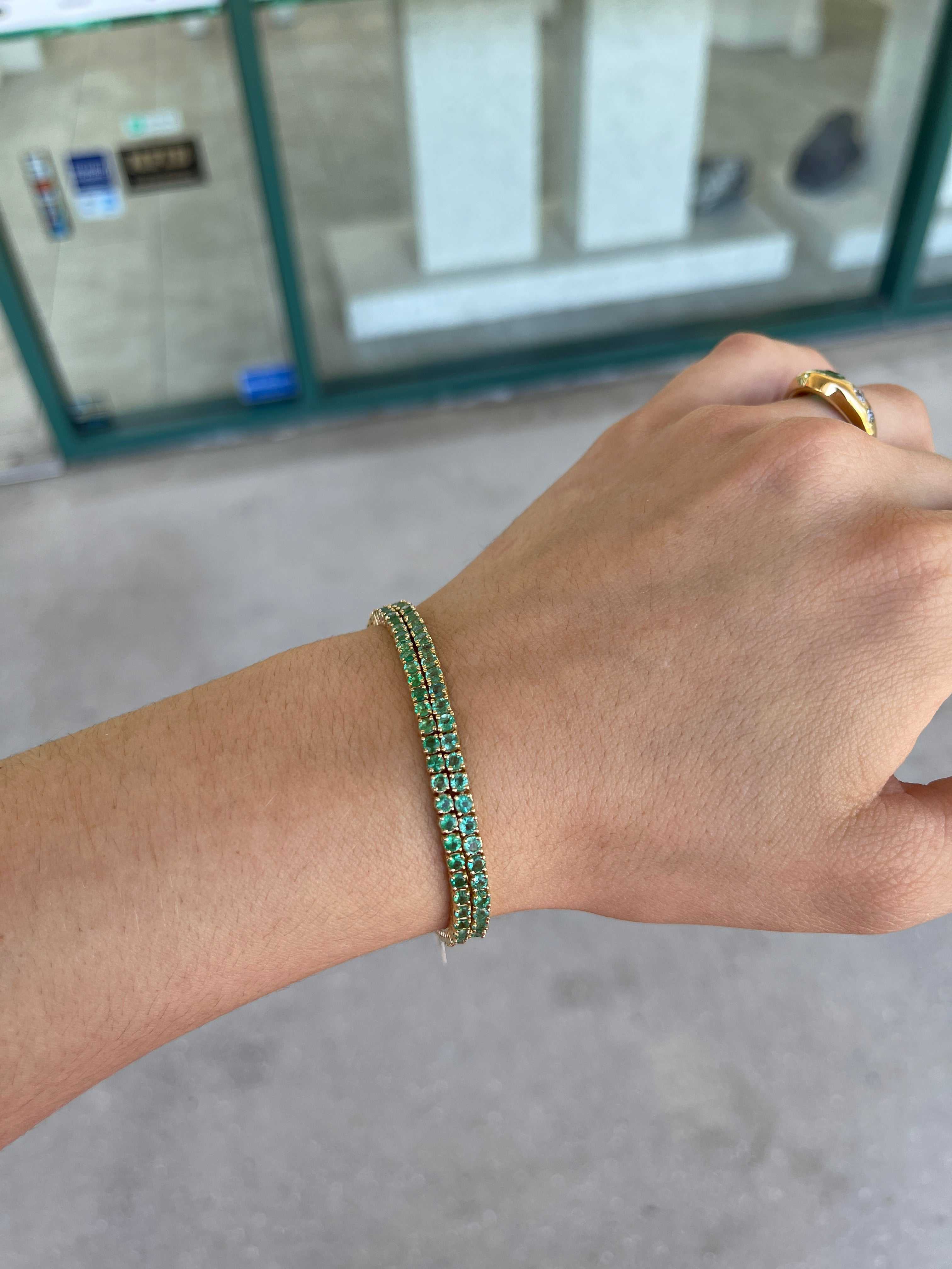 3.90ct+ Classic Natural Round Emerald 7 In Tennis Bracelet 14K - JR Colombian Emeralds
