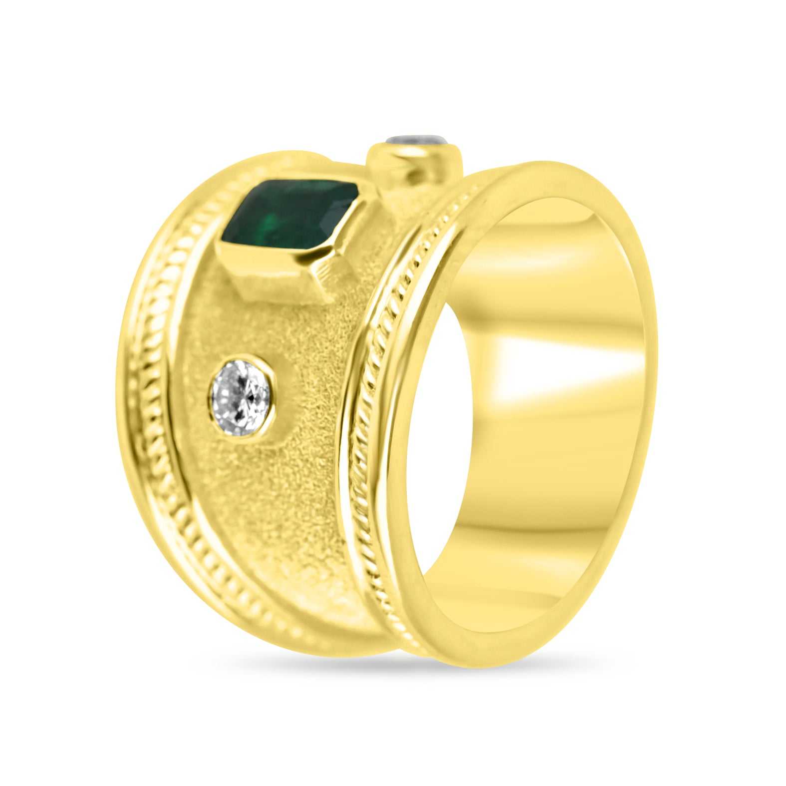 18K Byzantine Emerald & Diamond Three Stone Ring Size 6 - JR Colombian Emeralds