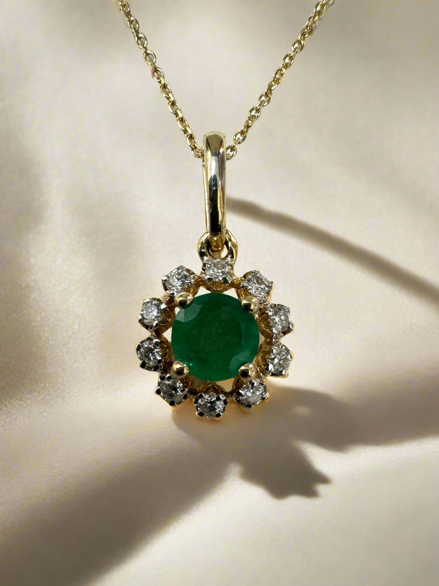 Petite Round Emerald & Diamond Halo Necklace 14K