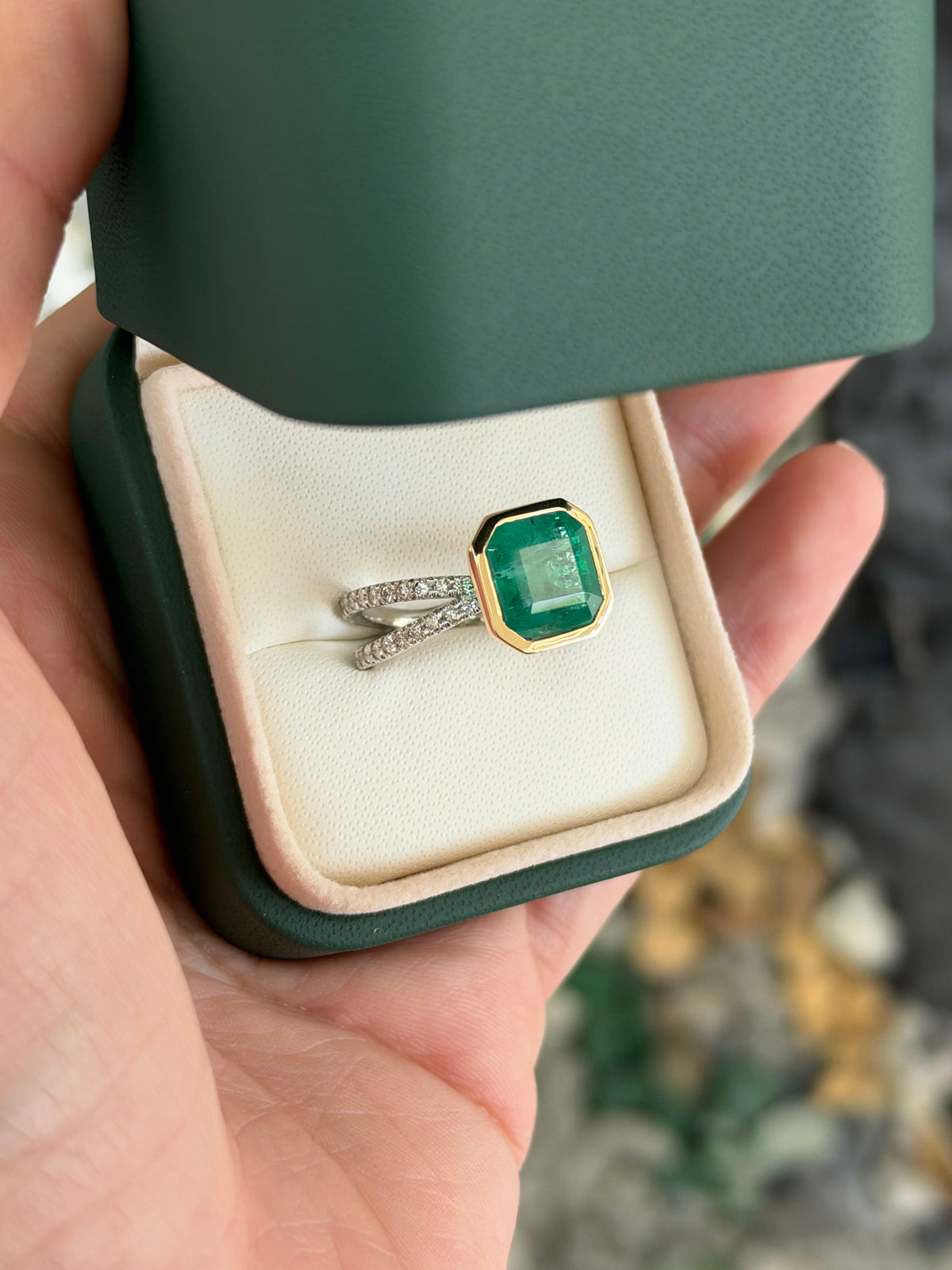 4.60tcw 14K Bezel Set Asscher Emerald & Diamond Split Shank in Platinum Ring