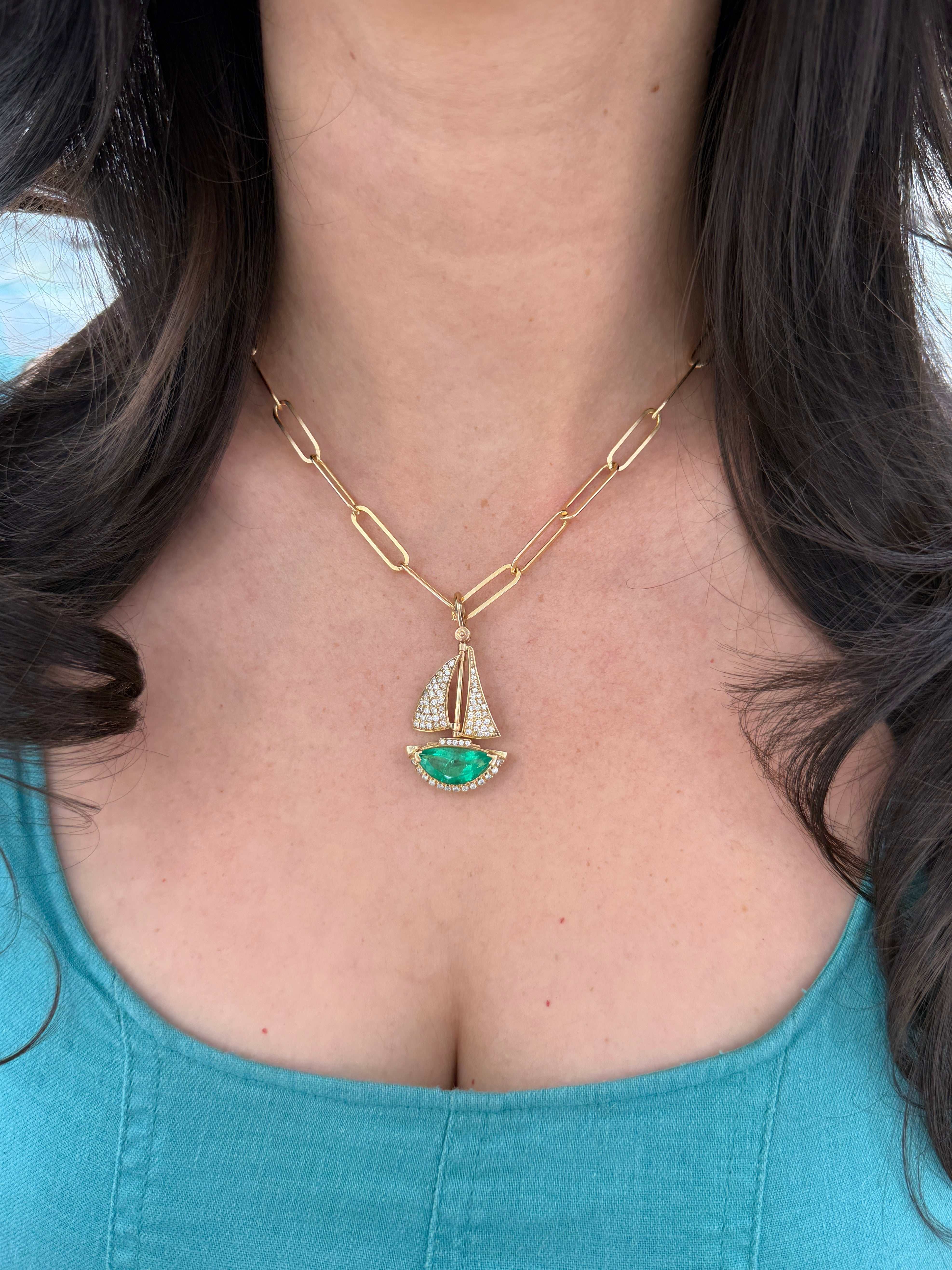 Handmade 14K necklace with 6.61tcw AAA Colombian emerald half-moon pendant and diamond accents, featuring a sailboat design.