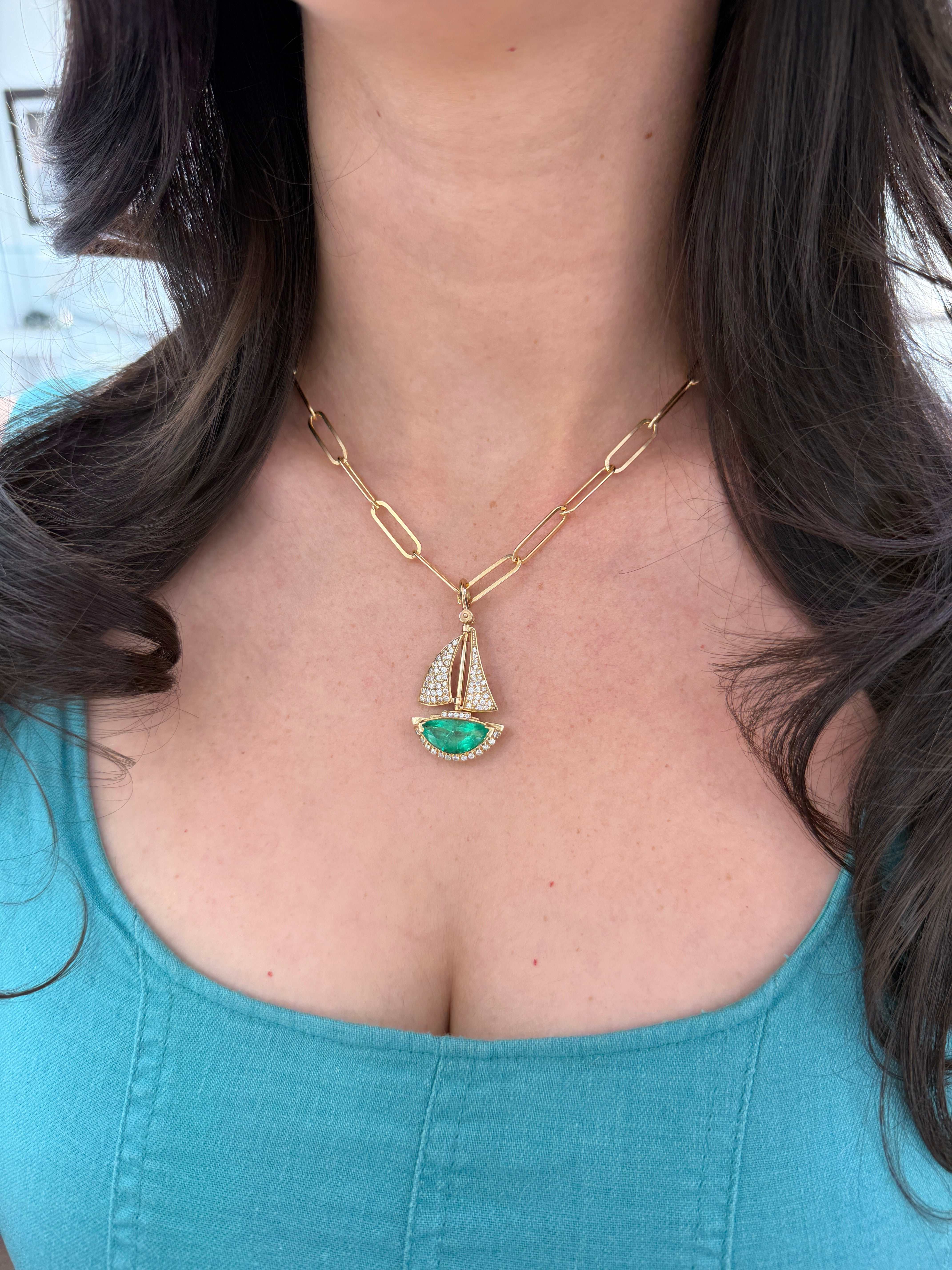 Handmade 14K gold pendant with 6.61tcw AAA Colombian emerald and diamond half moon sailboat design, jewelry by JR Colombian Emeralds.