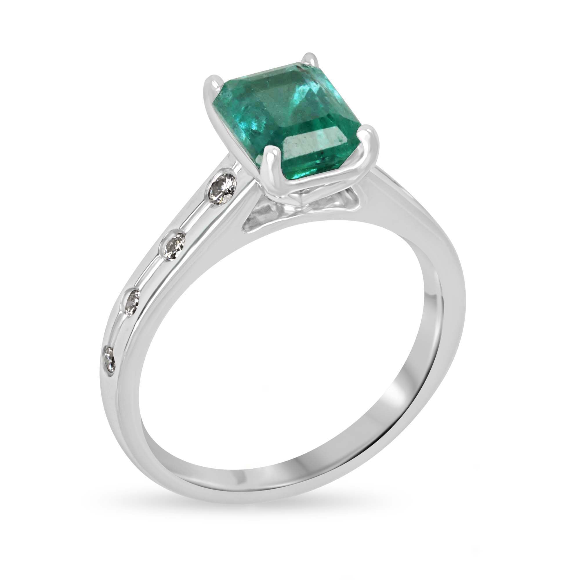 1.90tcw 14K Natural Emerald Cut Emerald & LAB Diamond Accent Right Hand Ring - JR Colombian Emeralds