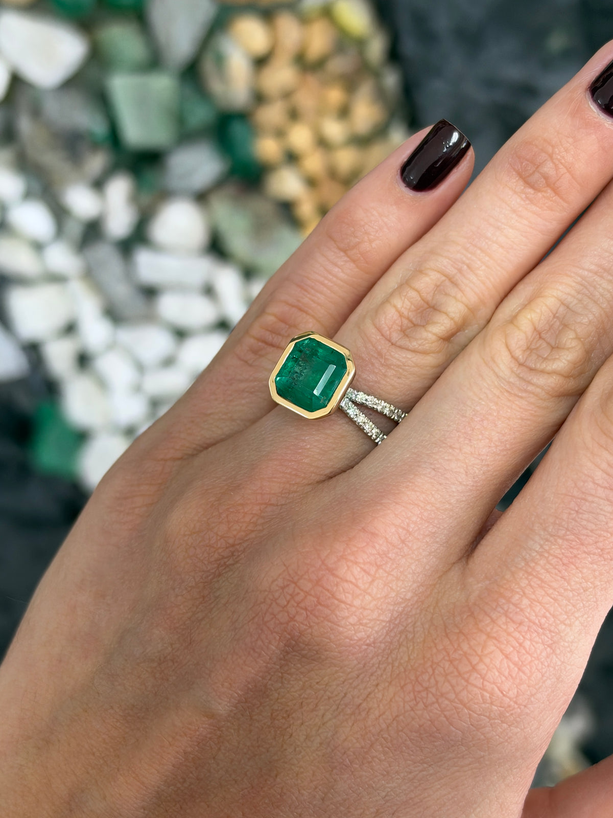4.60tcw 14K Bezel Set Asscher Emerald & Diamond Split Shank in Platinum Ring