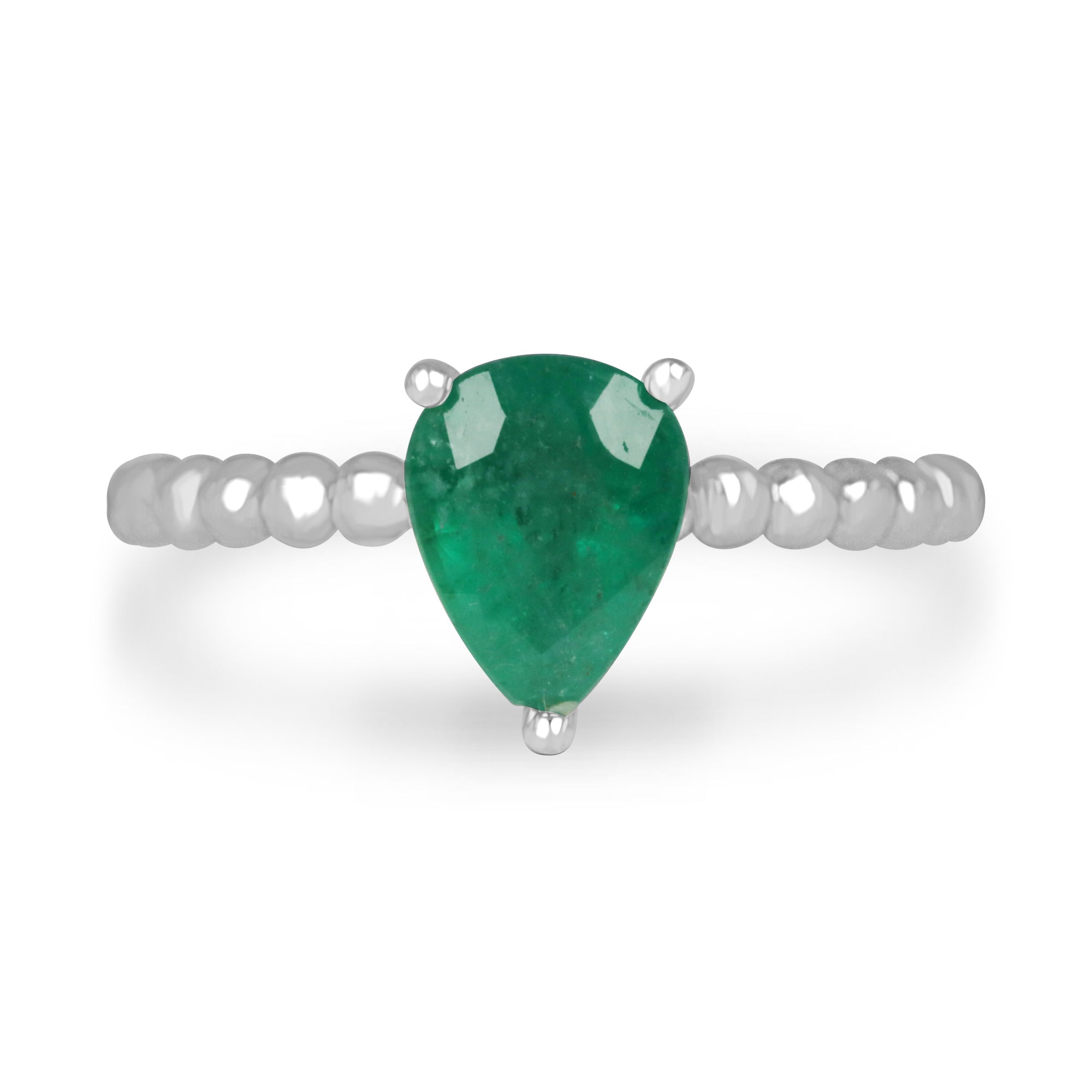 1.25ct 14K Solitaire Natural Pear Cut Emerald White Gold Beaded Ring - JR Colombian Emeralds