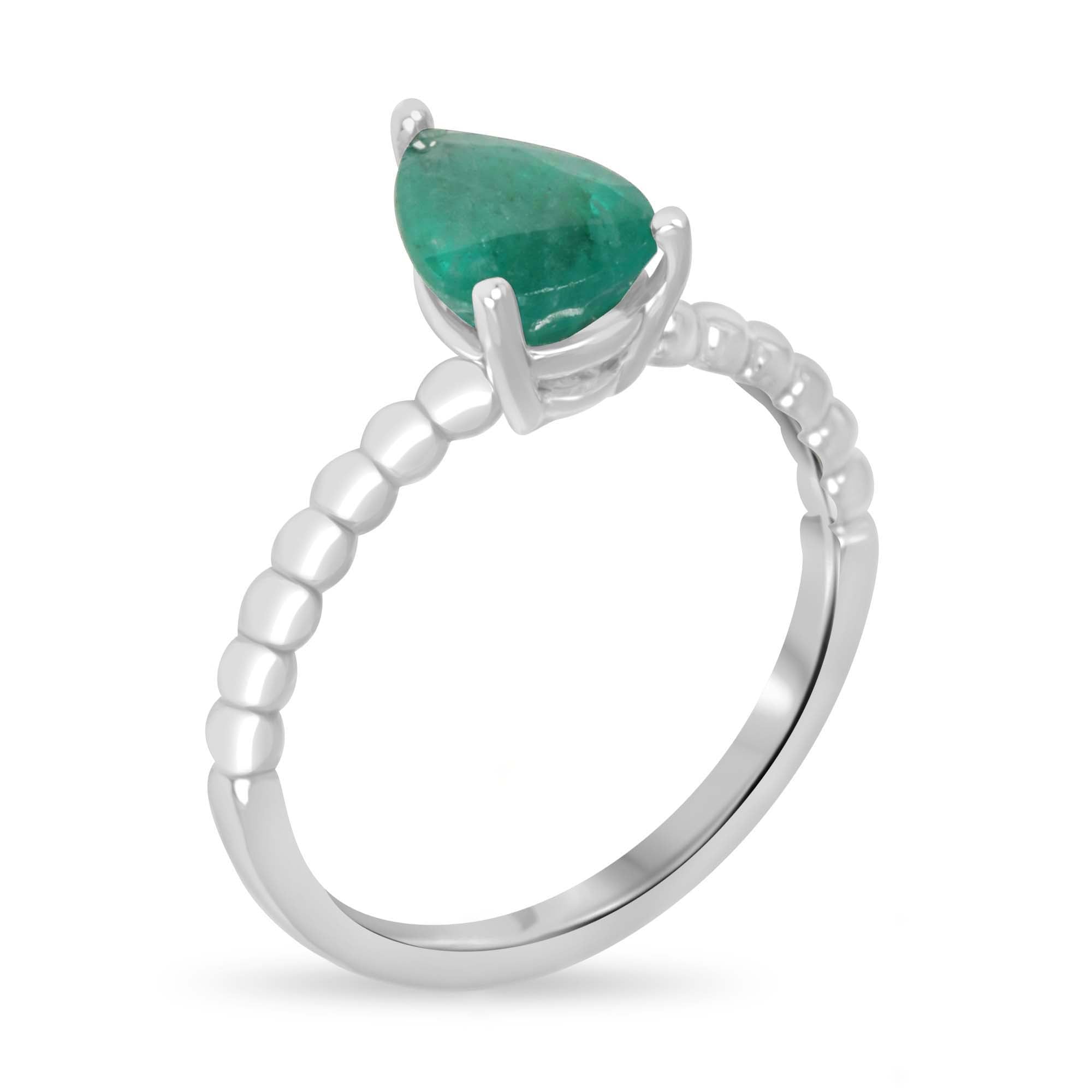 1.25ct 14K Solitaire Natural Pear Cut Emerald White Gold Beaded Ring - JR Colombian Emeralds