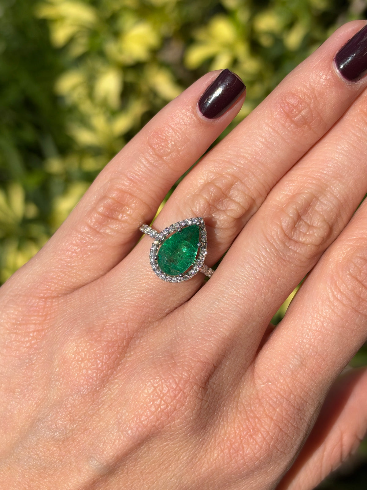 3.95tcw 14K Natural Deep Green Pear Cut Emerald & Lab Diamond Halo White Gold Engagement Ring