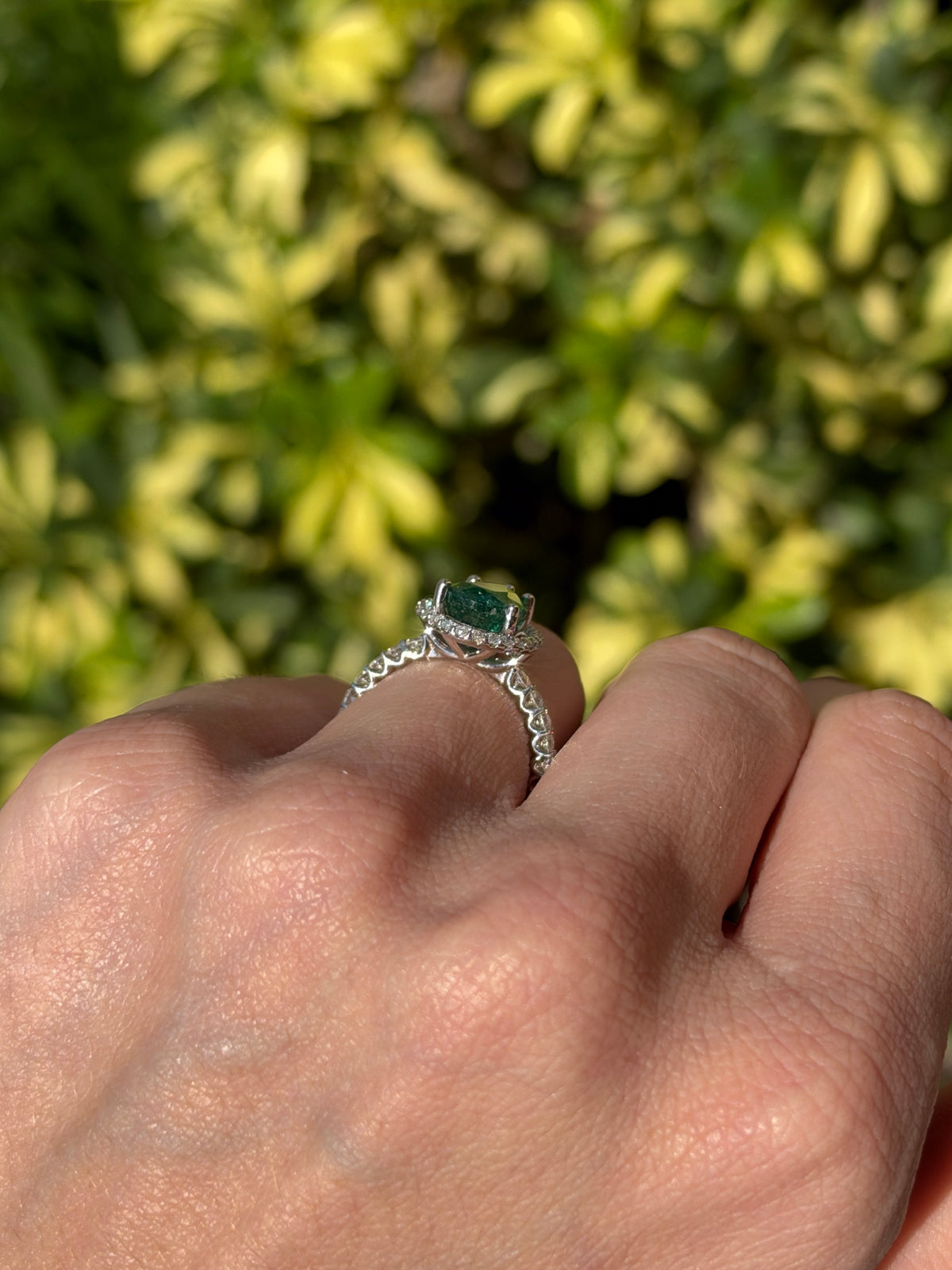 3.95tcw 14K Natural Deep Green Pear Cut Emerald & Lab Diamond Halo White Gold Engagement Ring