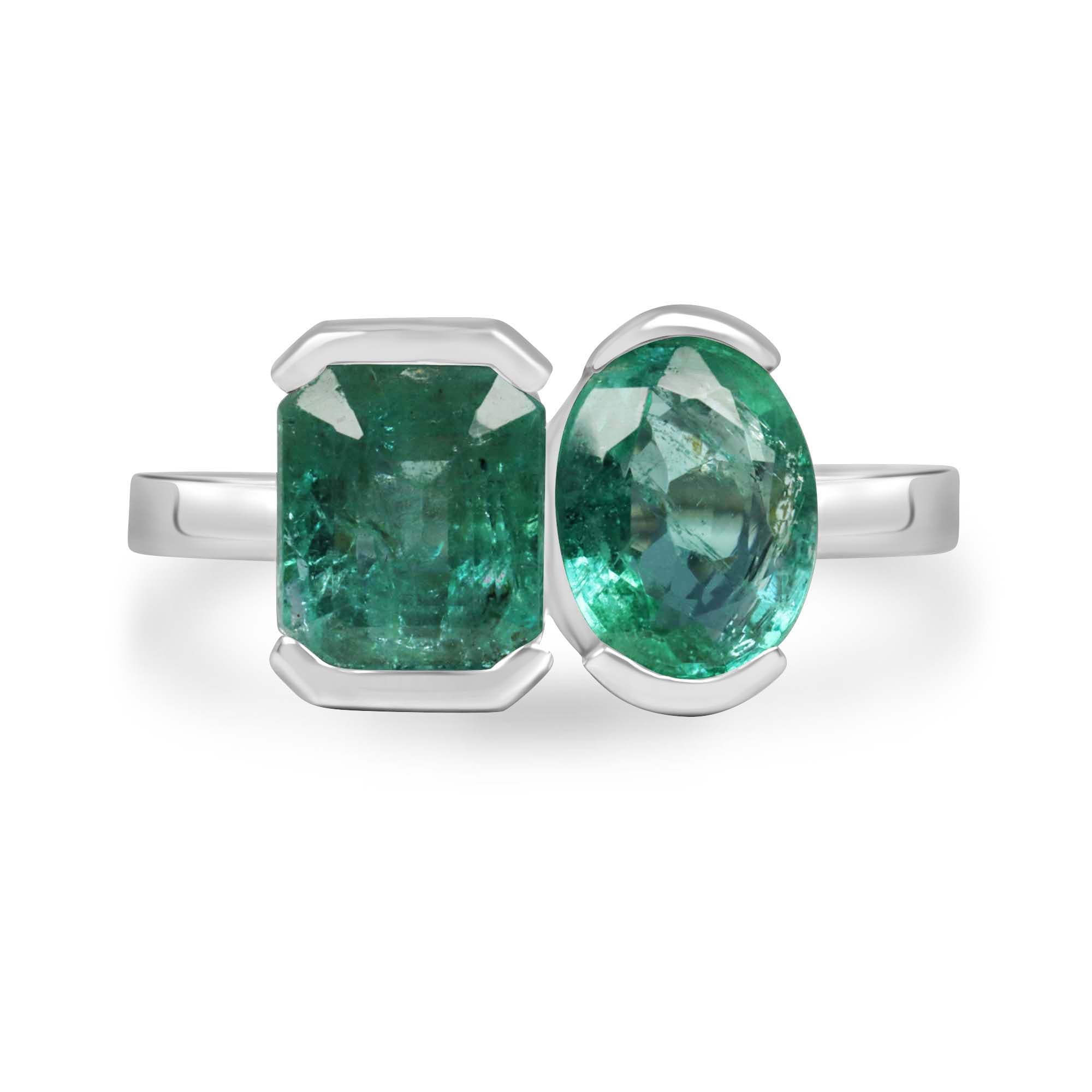 2.70tcw 14K Natural Bluish-Green Emerald Toi et Moi Ring with Oval & Emerald Cut Emeralds - JR Colombian Emeralds