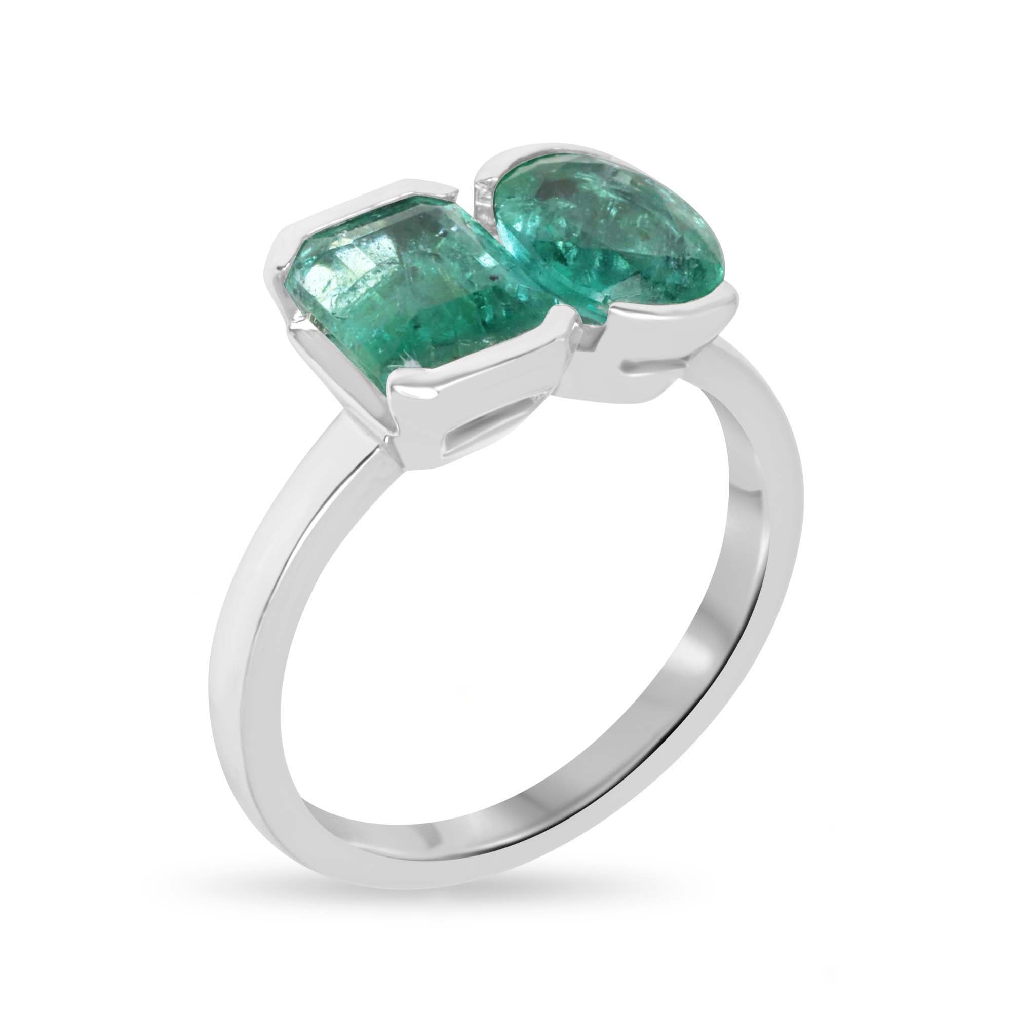 2.70tcw 14K Natural Bluish-Green Emerald Toi et Moi Ring with Oval & Emerald Cut Emeralds - JR Colombian Emeralds