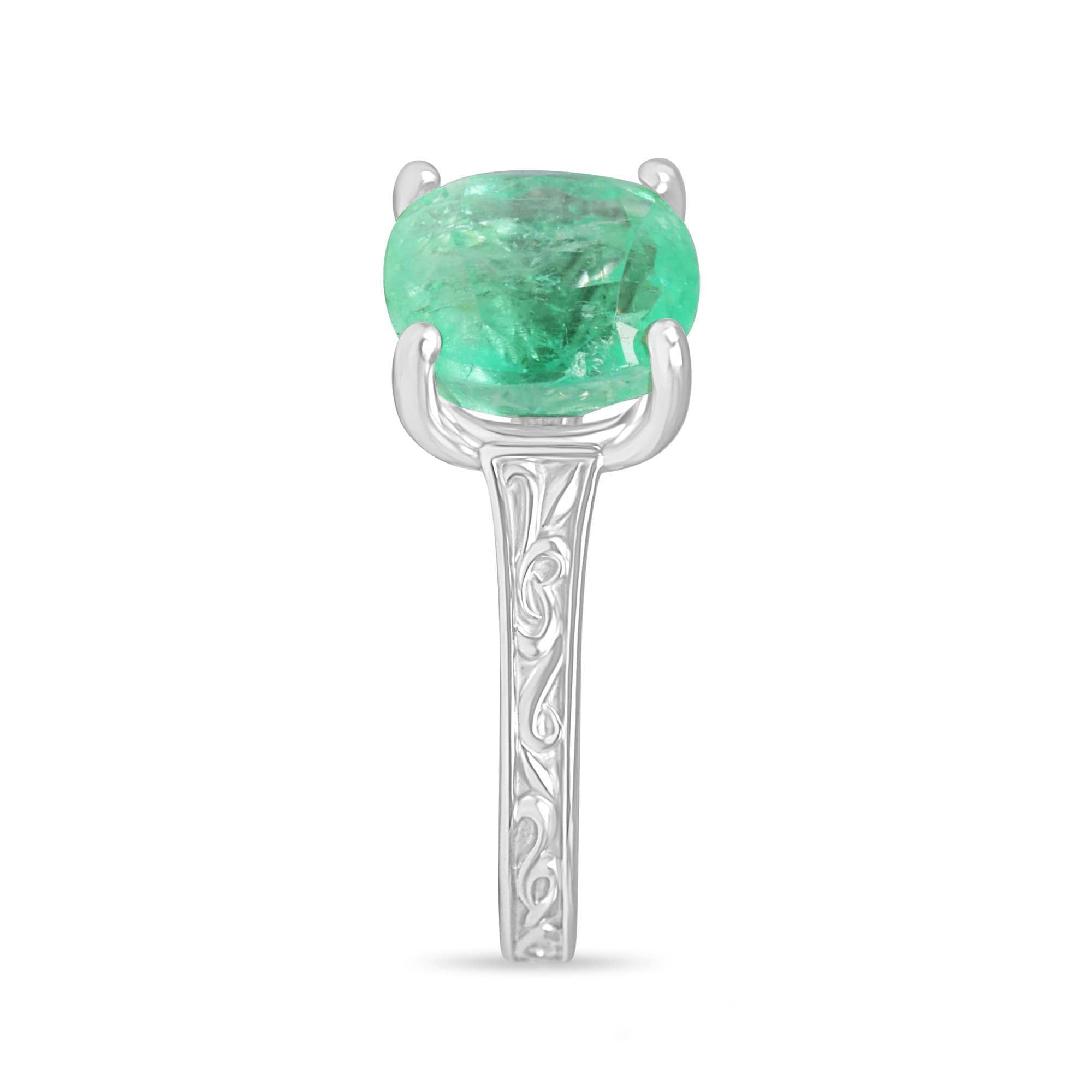 5.34ct Natural Colombian Emerald Seafoam Green Cushion Cut Emerald Right Hand Ring - JR Colombian Emeralds
