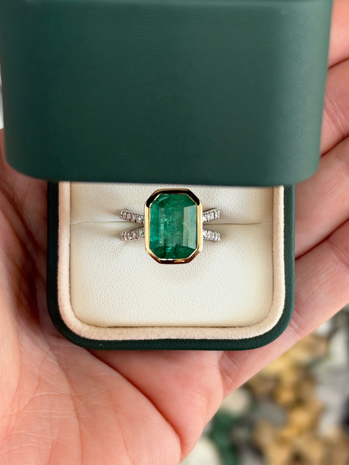 6.0tcw 14K Bezel Set Natural Emerald & Diamond Split Shank in Platinum Ring
