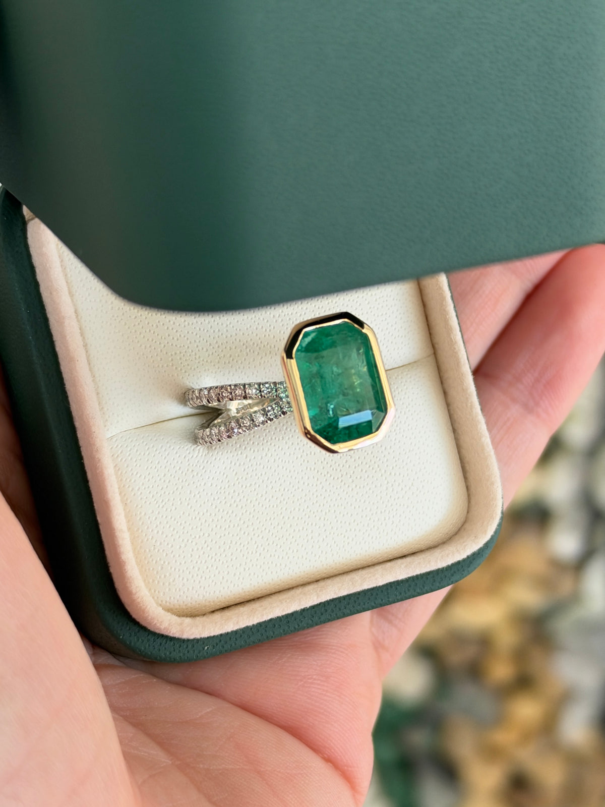 6.0tcw 14K Bezel Set Natural Emerald & Diamond Split Shank in Platinum Ring