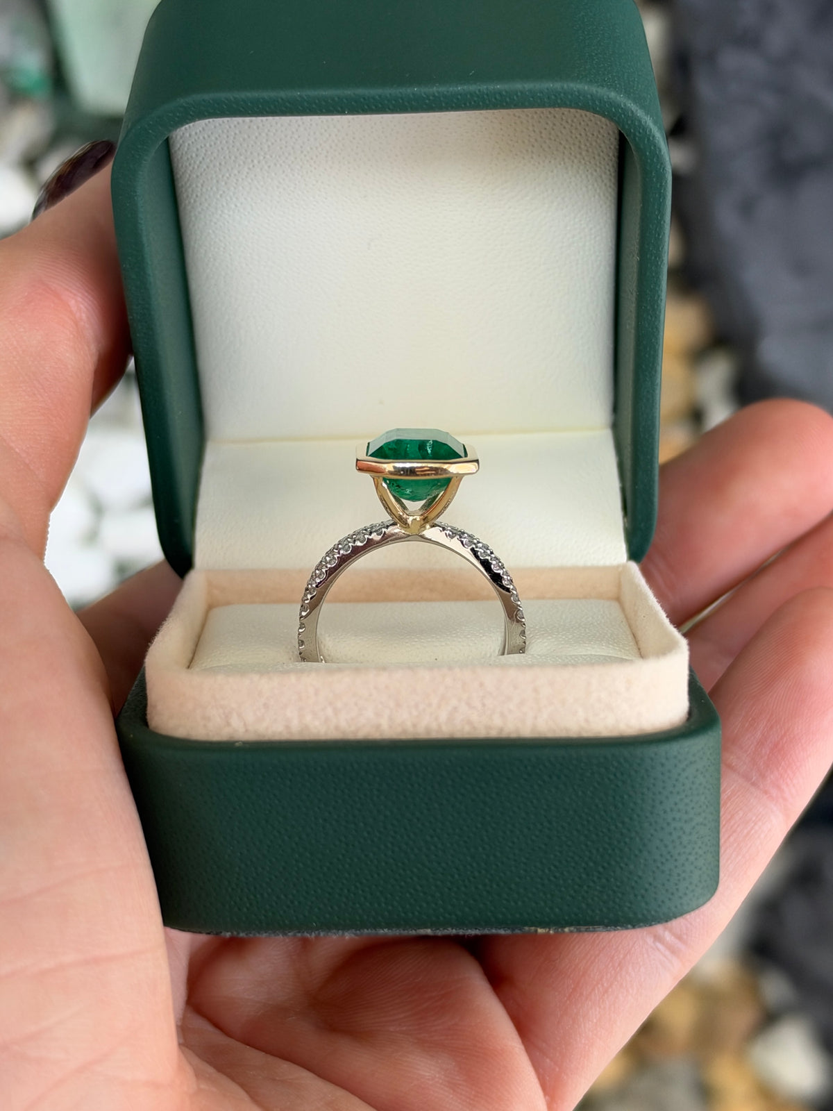 6.0tcw 14K Bezel Set Natural Emerald & Diamond Split Shank in Platinum Ring
