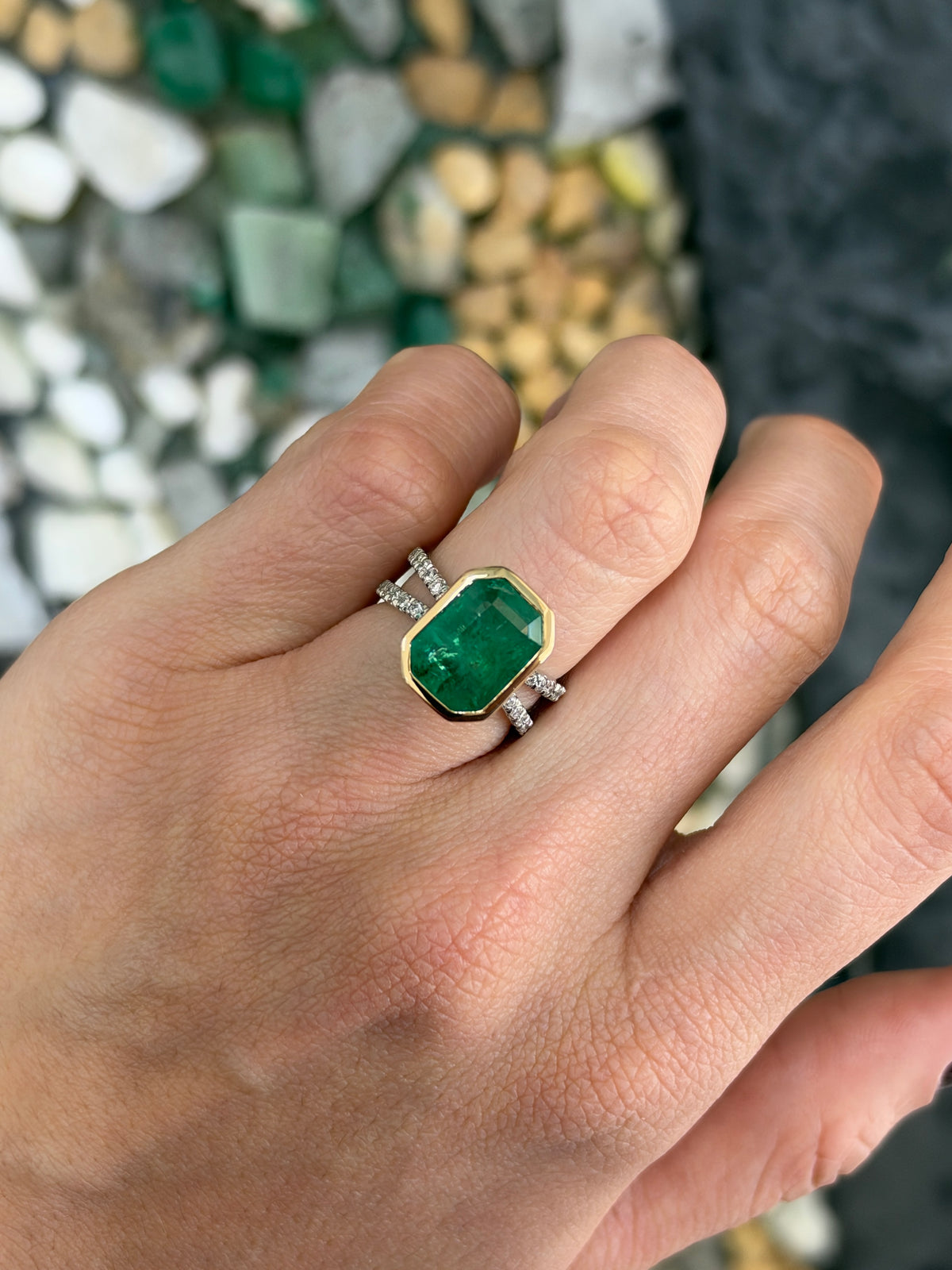 6.0tcw 14K Bezel Set Natural Emerald & Diamond Split Shank in Platinum Ring