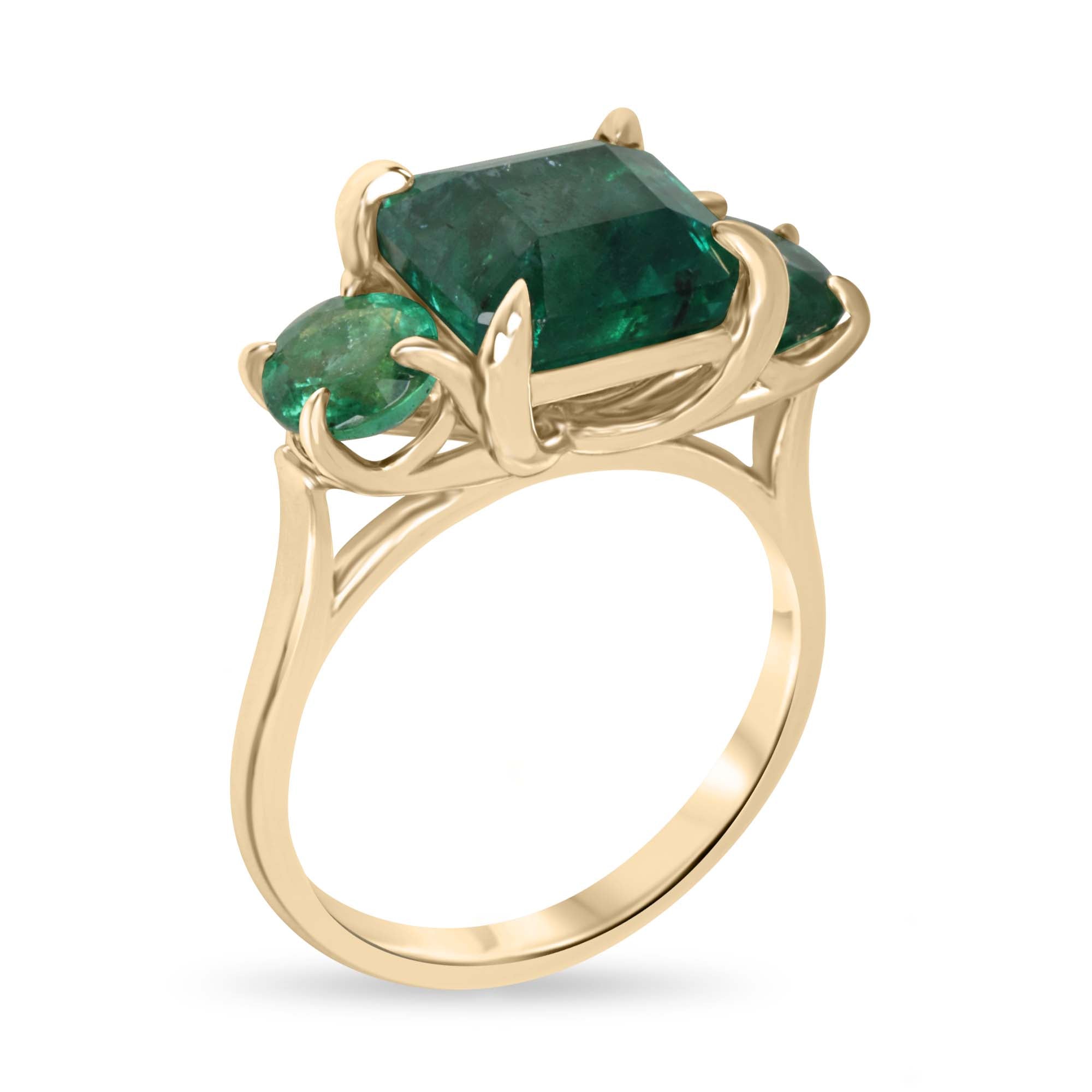 5.80tcw 14K Rich Green Natural Emerald All Emerald Three Stone Ring - JR Colombian Emeralds