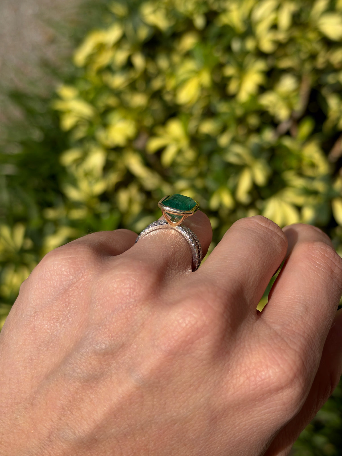 6.0tcw 14K Bezel Set Natural Emerald & Diamond Split Shank in Platinum Ring