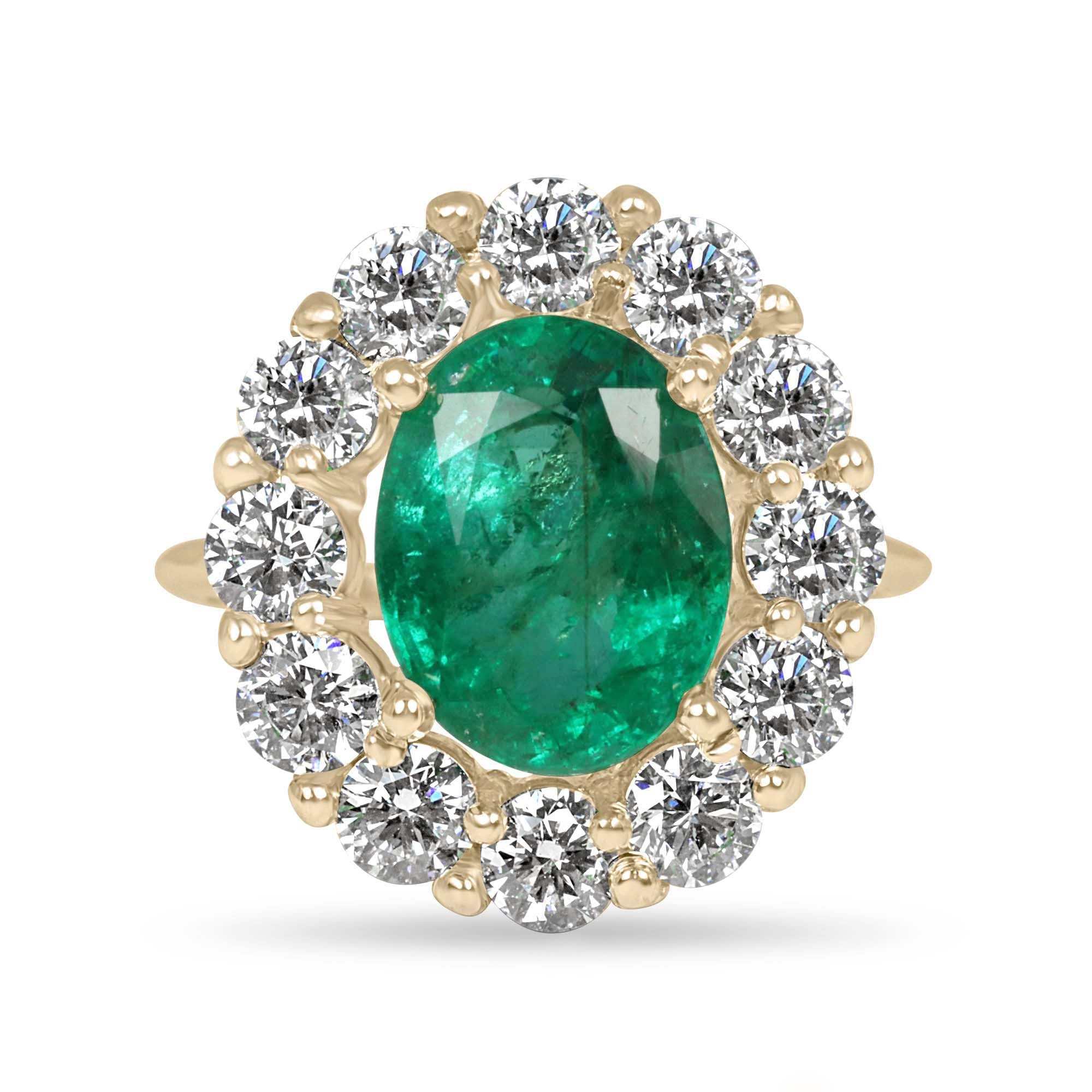 5.90tcw 14K Natural Oval Cut Emerald & LAB Jumbo Diamond Halo Right Hand Ring - JR Colombian Emeralds