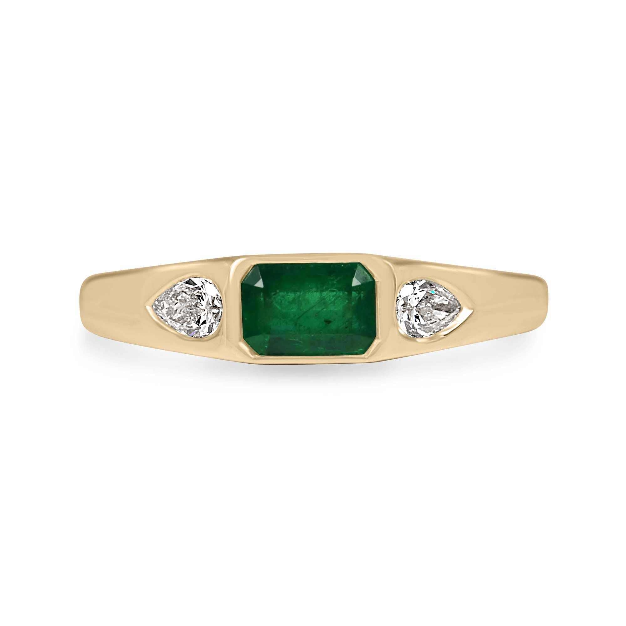 0.91tcw 18K yellow gold ring with rich green emerald cut emerald and two pear cut diamonds three-stone band