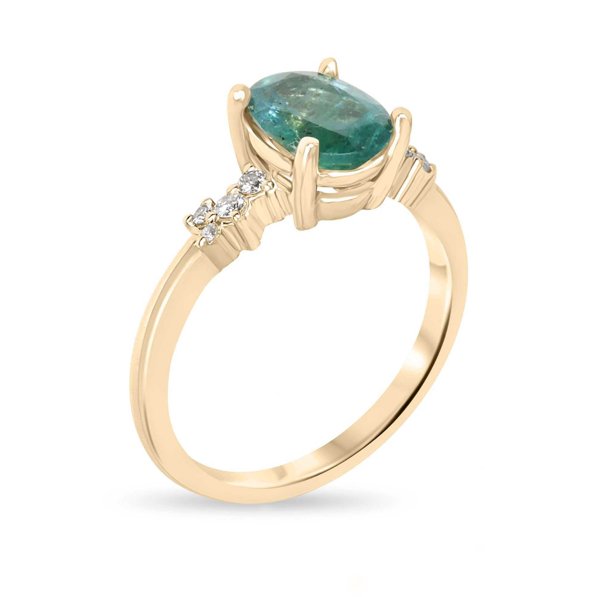 Anello da indossare sulla mano destra con smeraldo taglio ovale e diamanti a forma di costellazione, realizzato in oro 18 carati da JR Colombian Emeralds, caratterizzato da un design raffinato.
