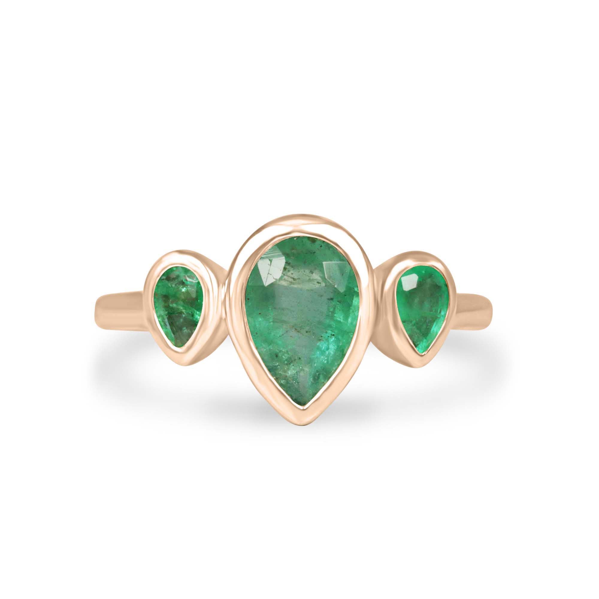 1.50tcw Natural Pear Emerald Trilogy Three Stone Ring Rose Gold 10K - JR Colombian Emeralds