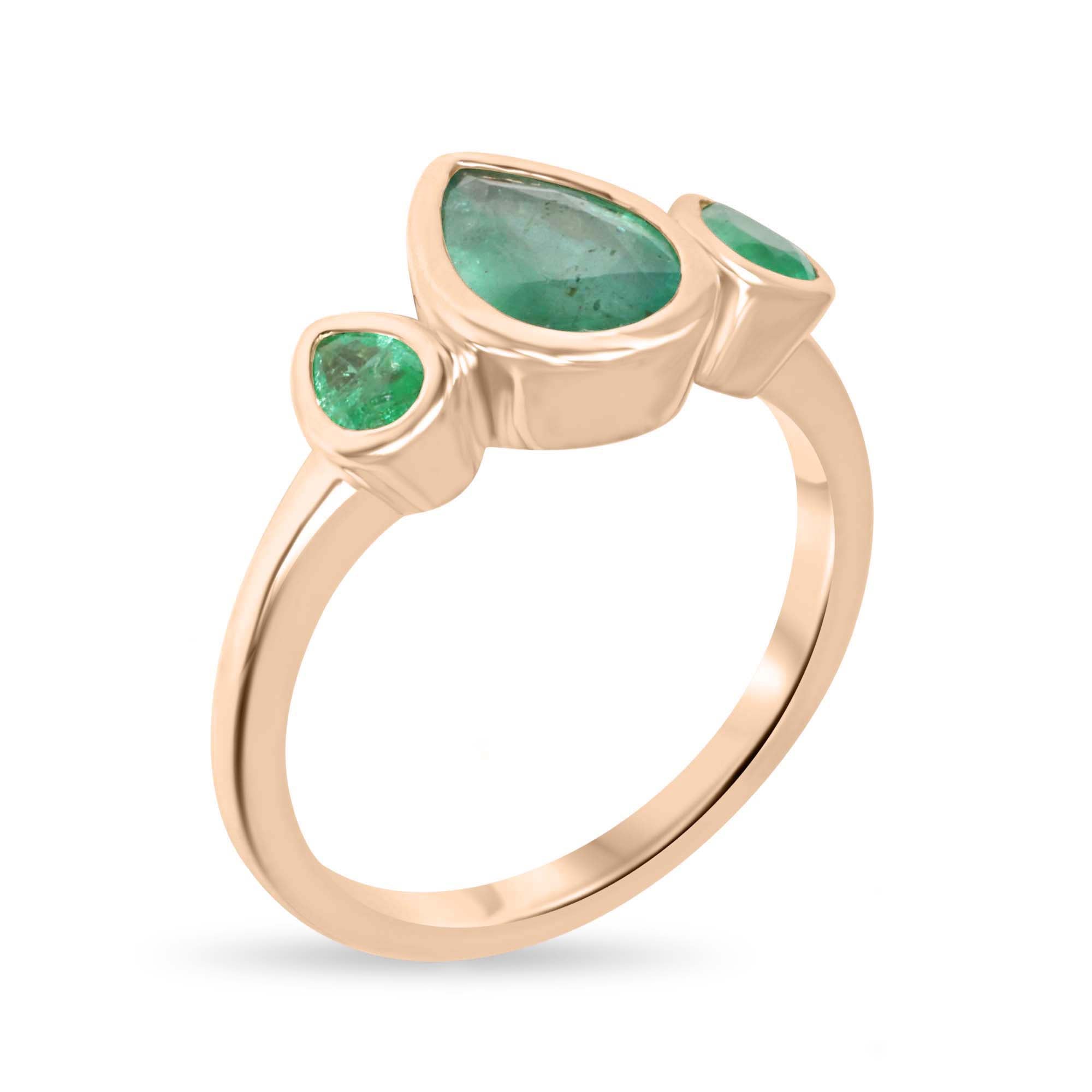 1.50tcw Natural Pear Emerald Trilogy Three Stone Ring Rose Gold 10K - JR Colombian Emeralds