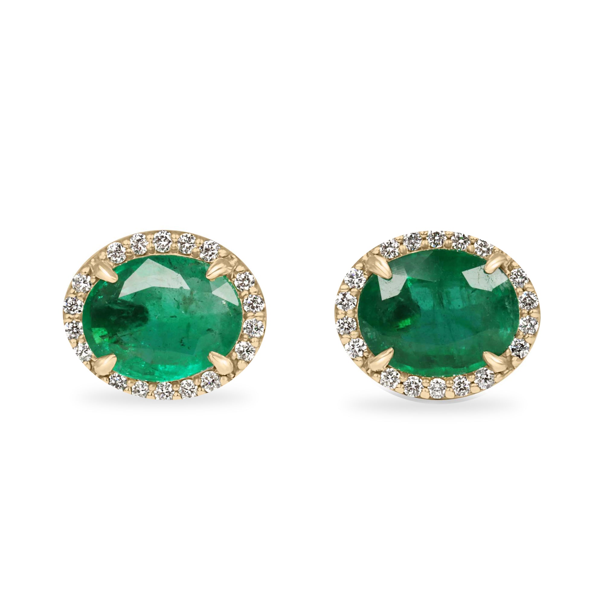 5.15tcw Oval Cut Natural Emerald & Diamond Halo Studs 14K - JR Colombian Emeralds