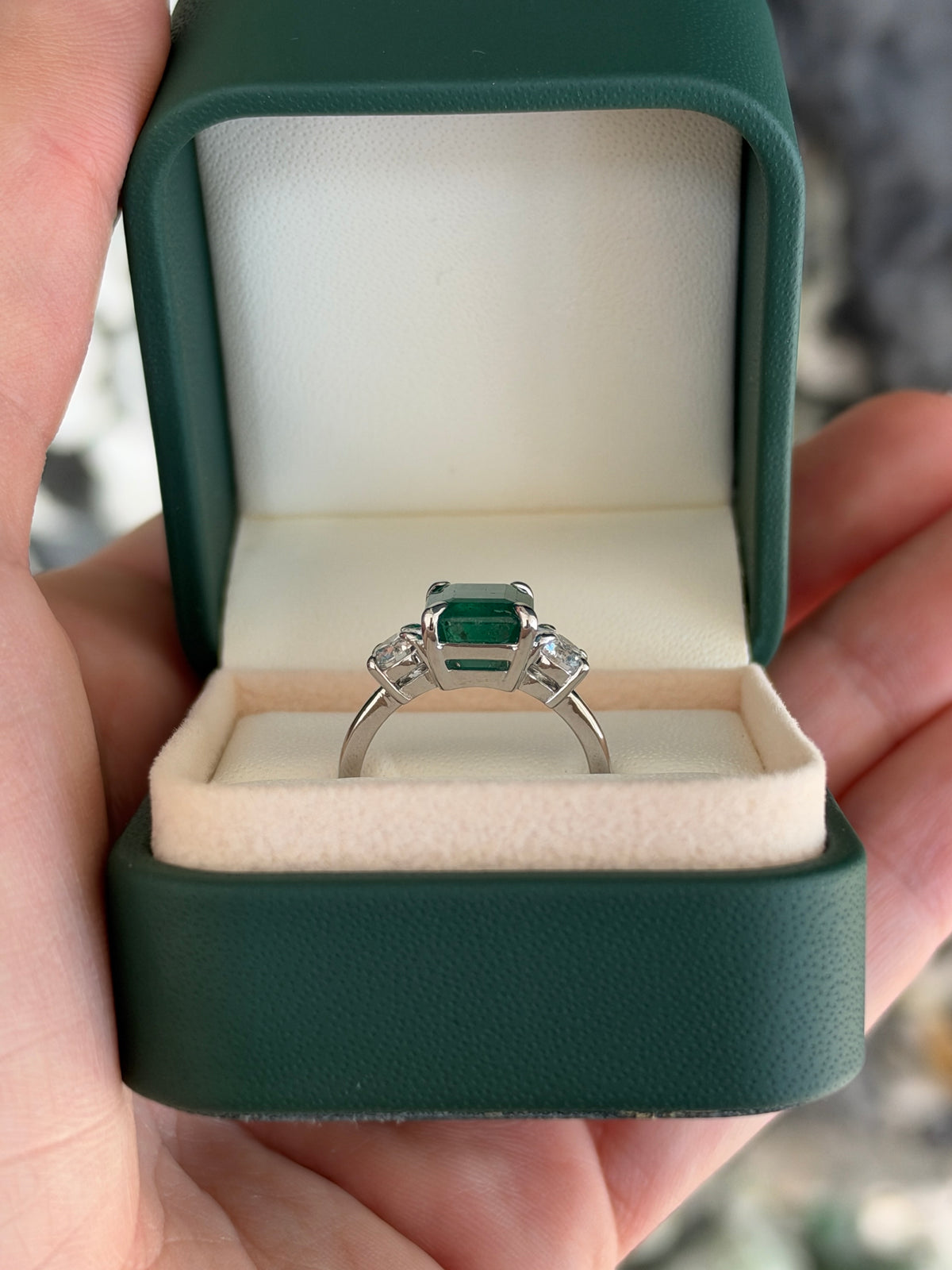5.54tcw 14K Classic Emerald Cut Emerald & Round Lab Diamond Three Stone Ring in White Gold