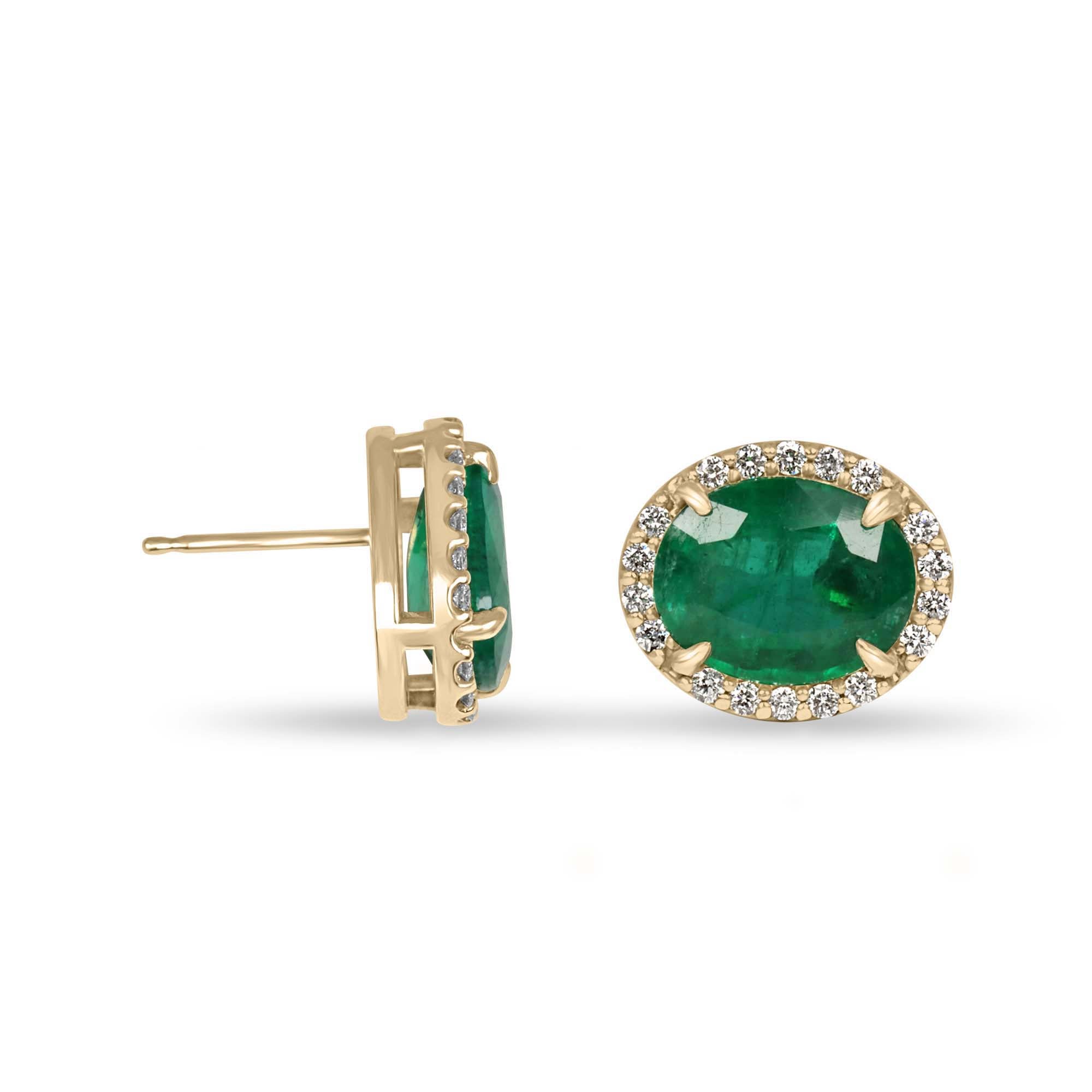 5.15tcw Oval Cut Natural Emerald & Diamond Halo Studs 14K - JR Colombian Emeralds