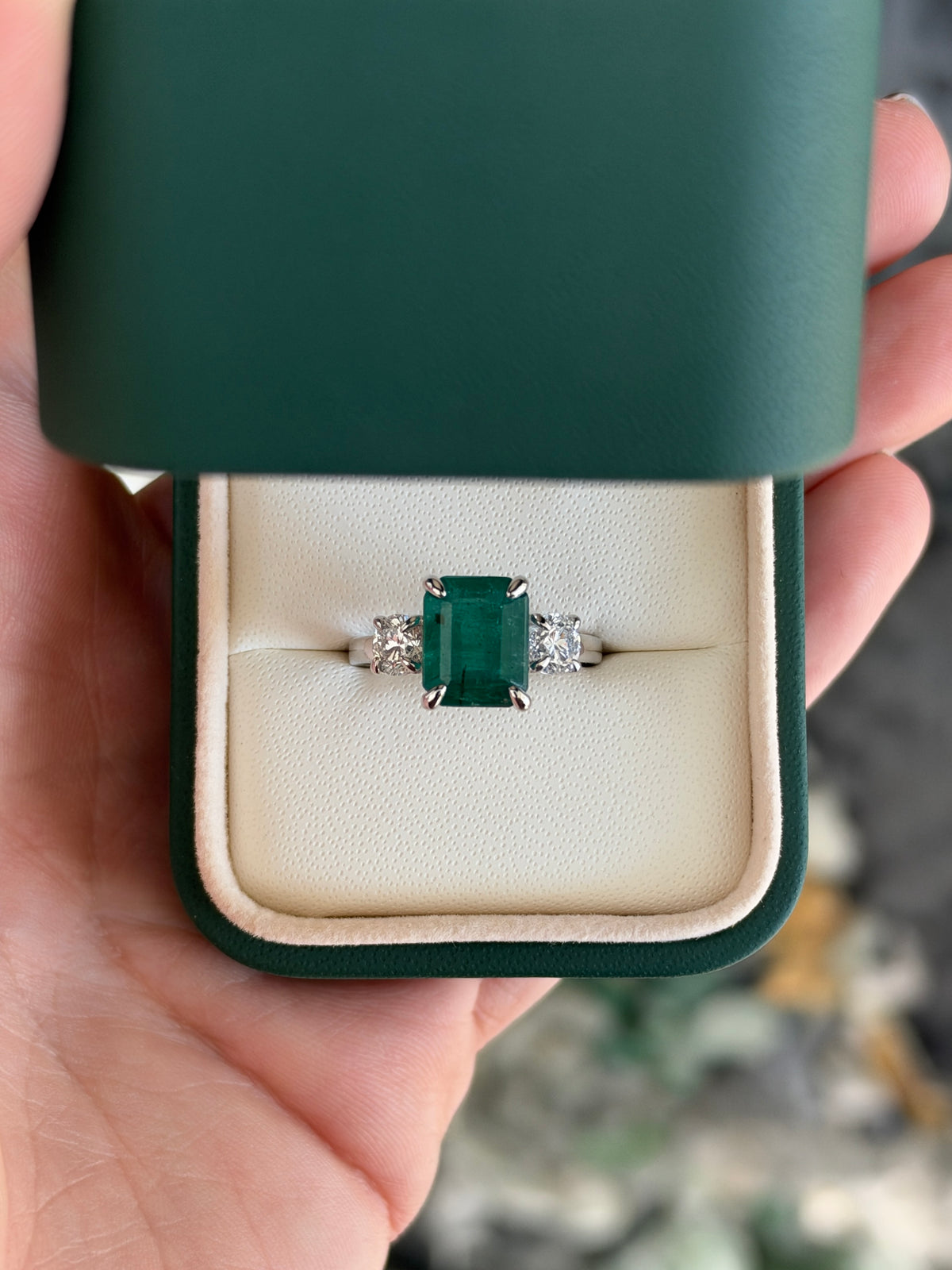 5.54tcw 14K Classic Emerald Cut Emerald & Round Lab Diamond Three Stone Ring in White Gold