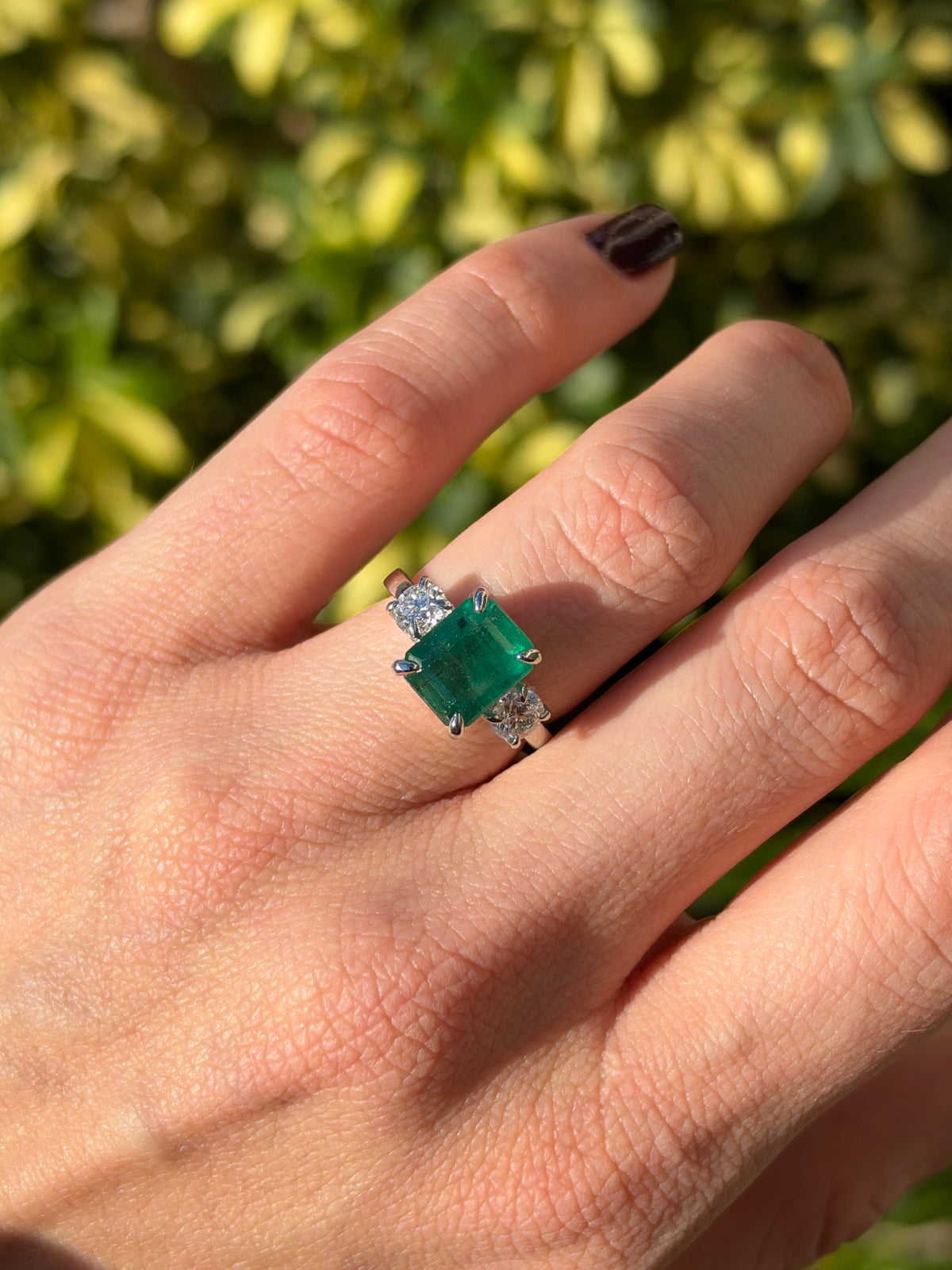 5.54tcw 14K Classic Emerald Cut Emerald & Round Lab Diamond Three Stone Ring in White Gold