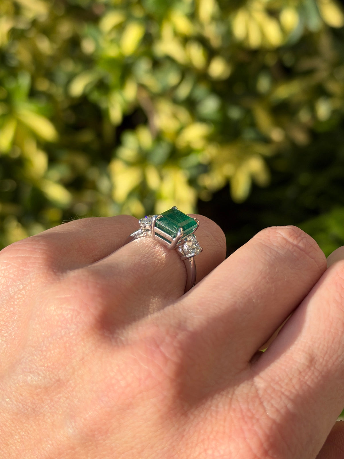 5.54tcw 14K Classic Emerald Cut Emerald & Round Lab Diamond Three Stone Ring in White Gold