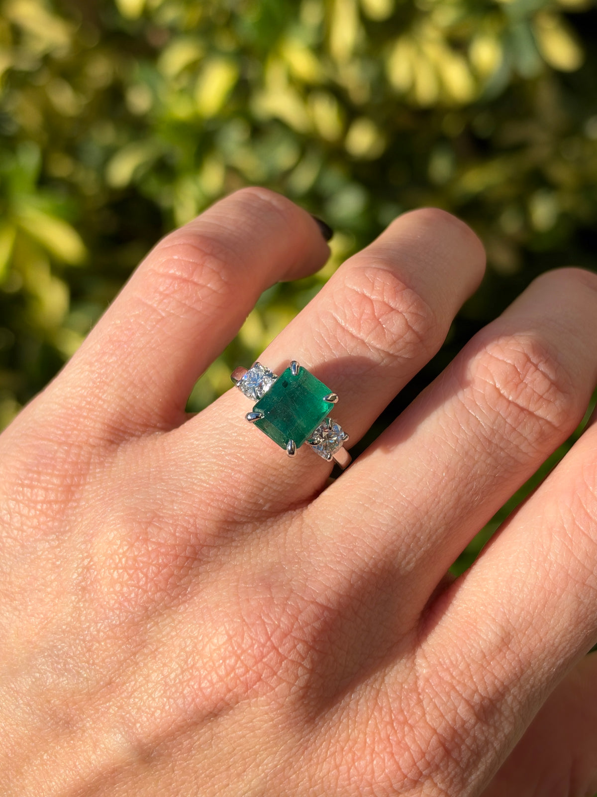 5.54tcw 14K Classic Emerald Cut Emerald & Round Lab Diamond Three Stone Ring in White Gold
